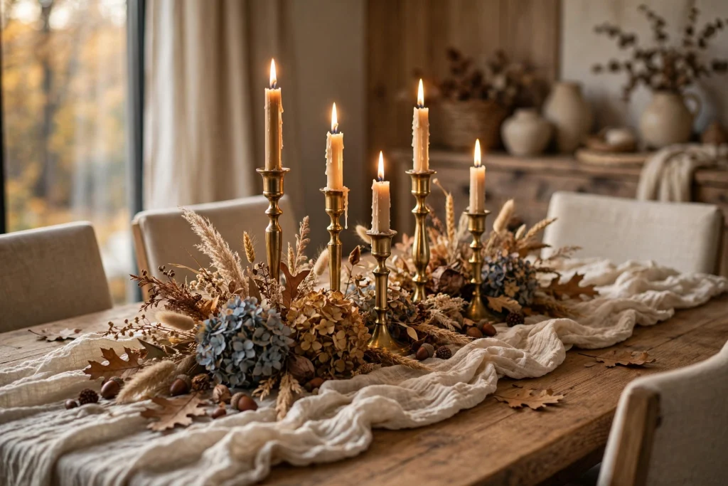 Brass candlesticks in mixed heights with gauzy runner and dried hydrangeas