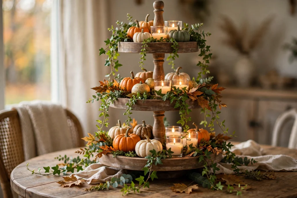 Tiered stand styled with mini pumpkins, votive candles and trailing foliage