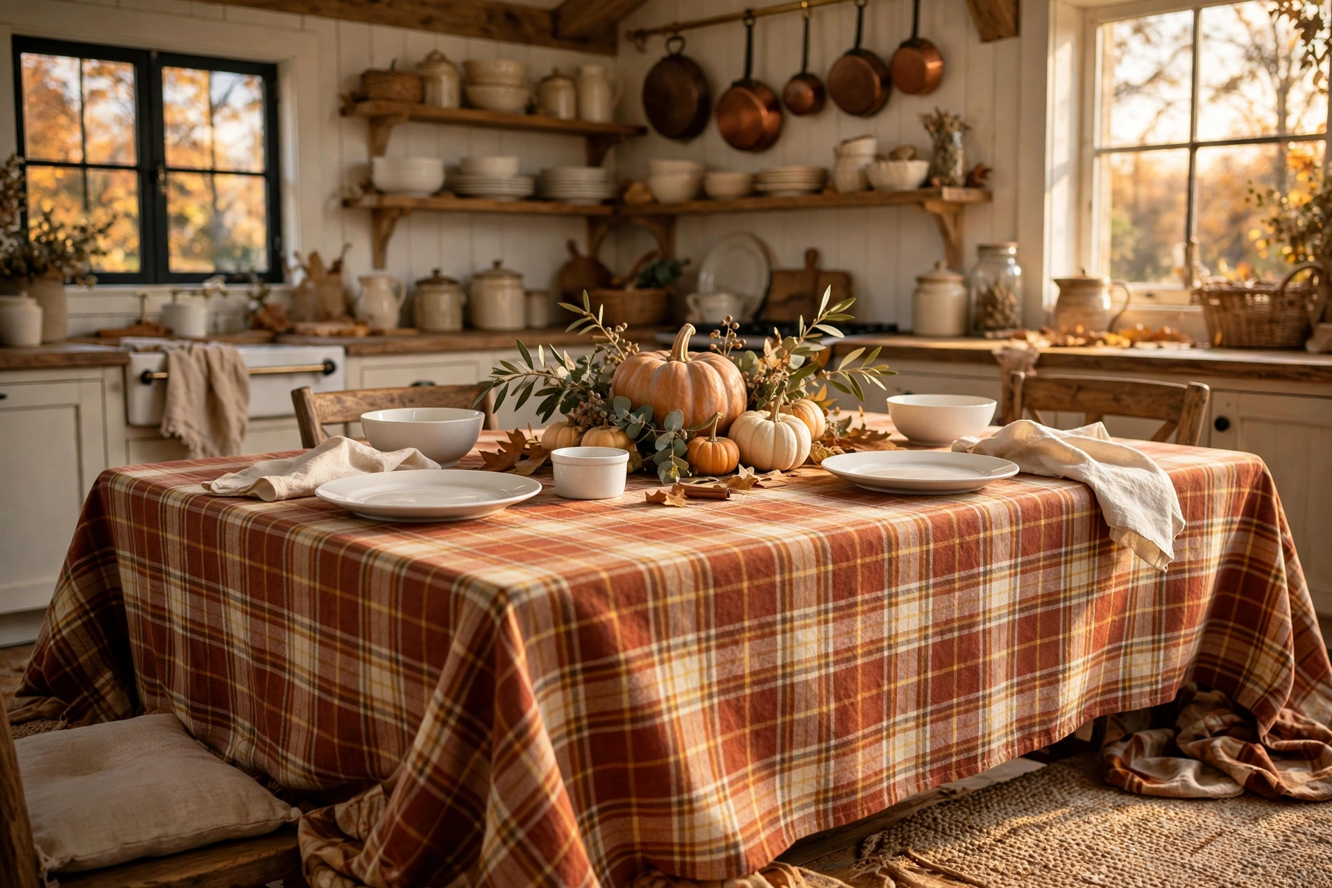 Rustic plaid tablecloth in rust, gold and cream on a fall dining table
