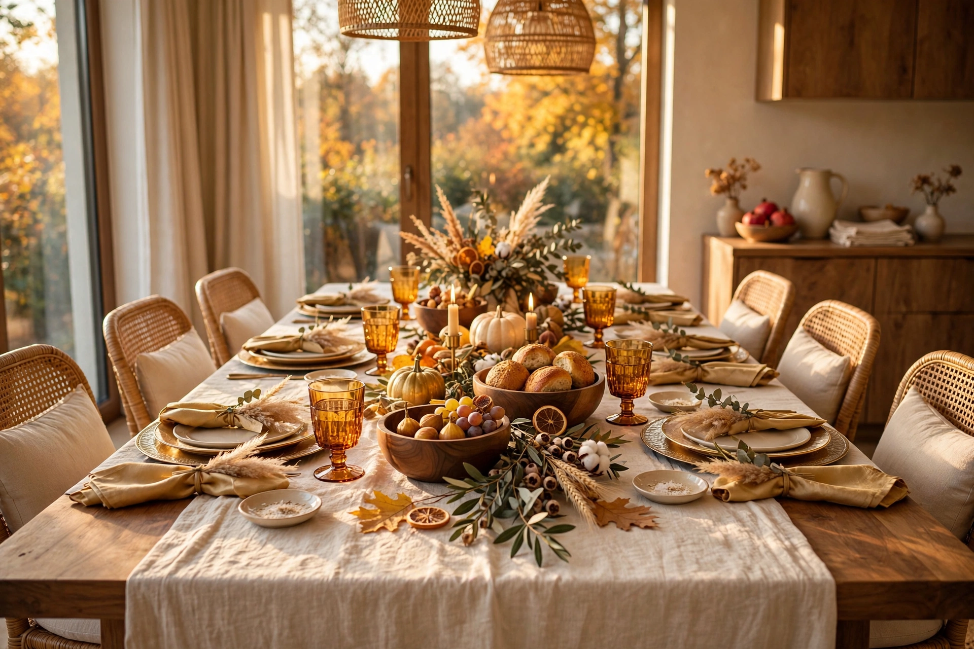 Harvest gold and cream fall table colour scheme with amber glassware