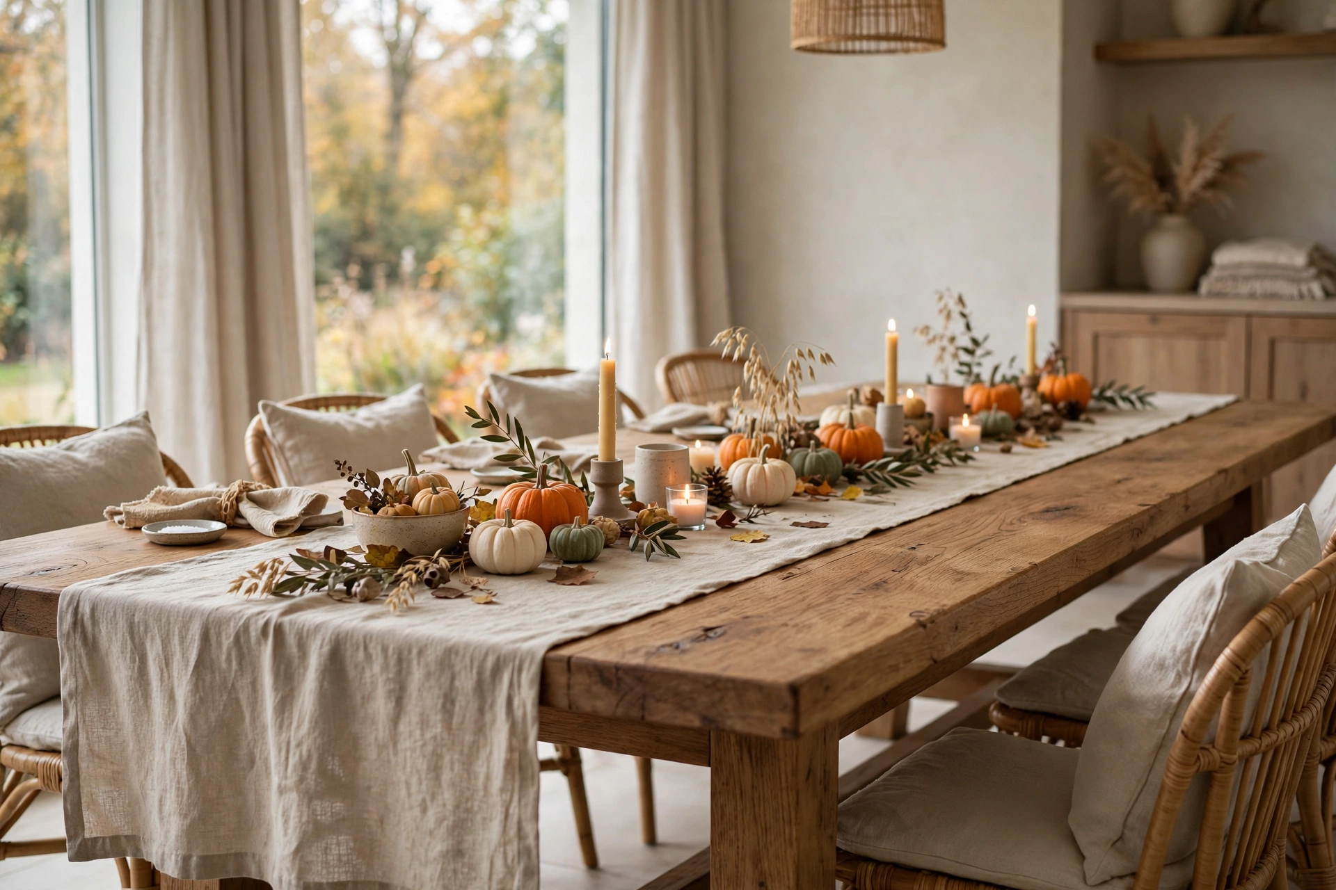 Natural linen runner down the centre of a fall table with pumpkins and candles