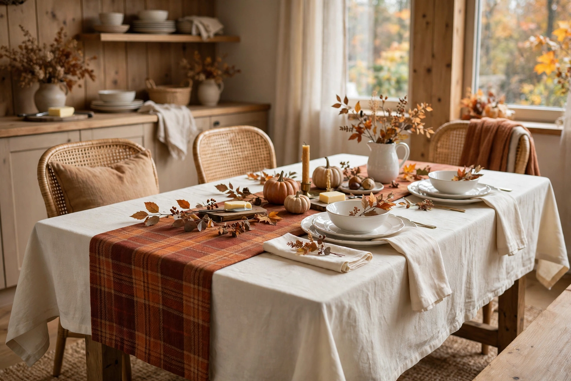 Layered tablecloth and runner combo with a plaid runner over a cream cloth