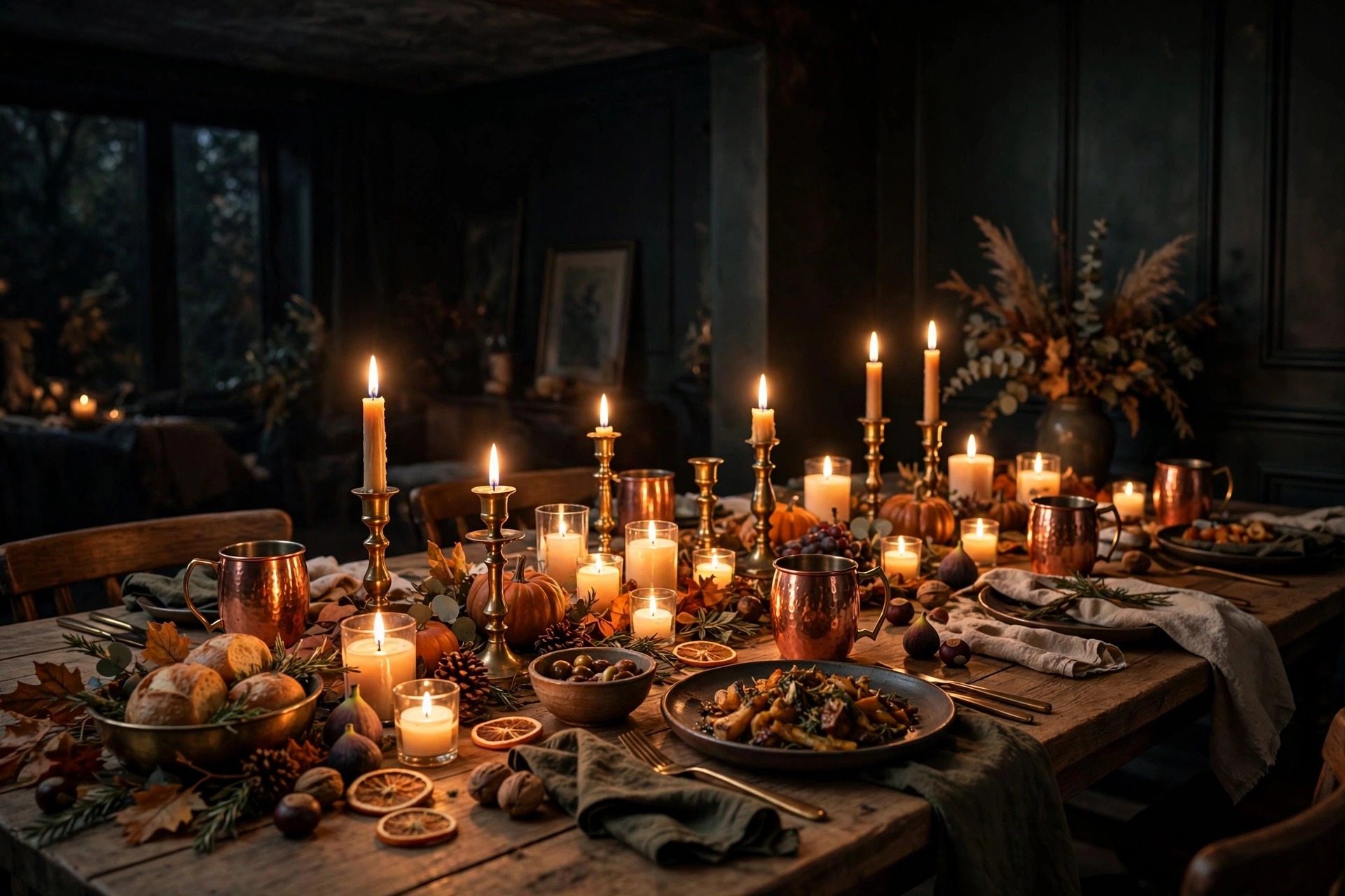 Copper mugs, brass candlesticks and glowing candles on a fall table