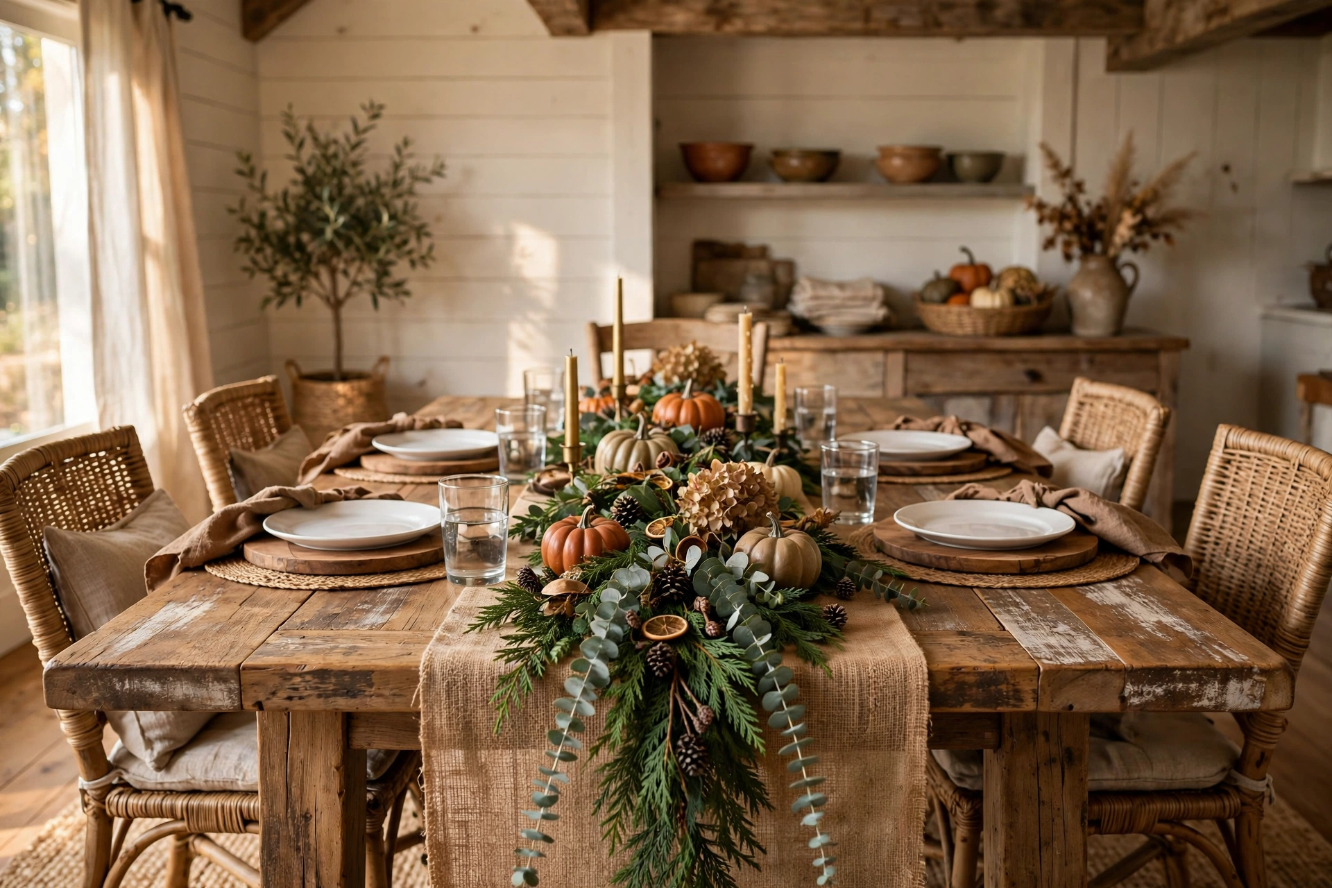 Farmhouse burlap runner with woodland eucalyptus and cedar garland