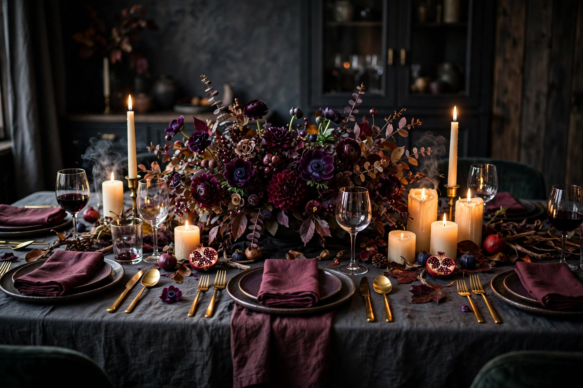 Moody burgundy and charcoal fall table with plum florals and gold flatware