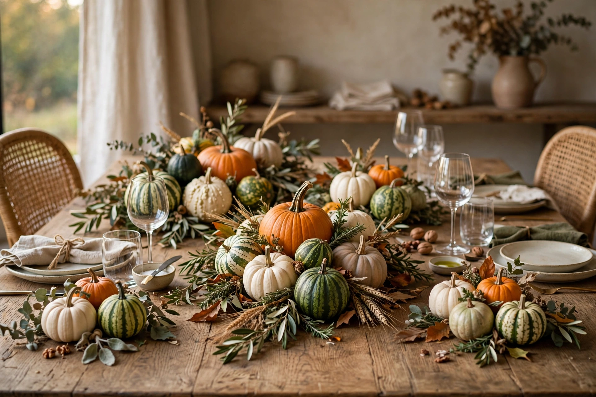 Pumpkin patch cluster table with mixed pumpkins and gourds down the centre