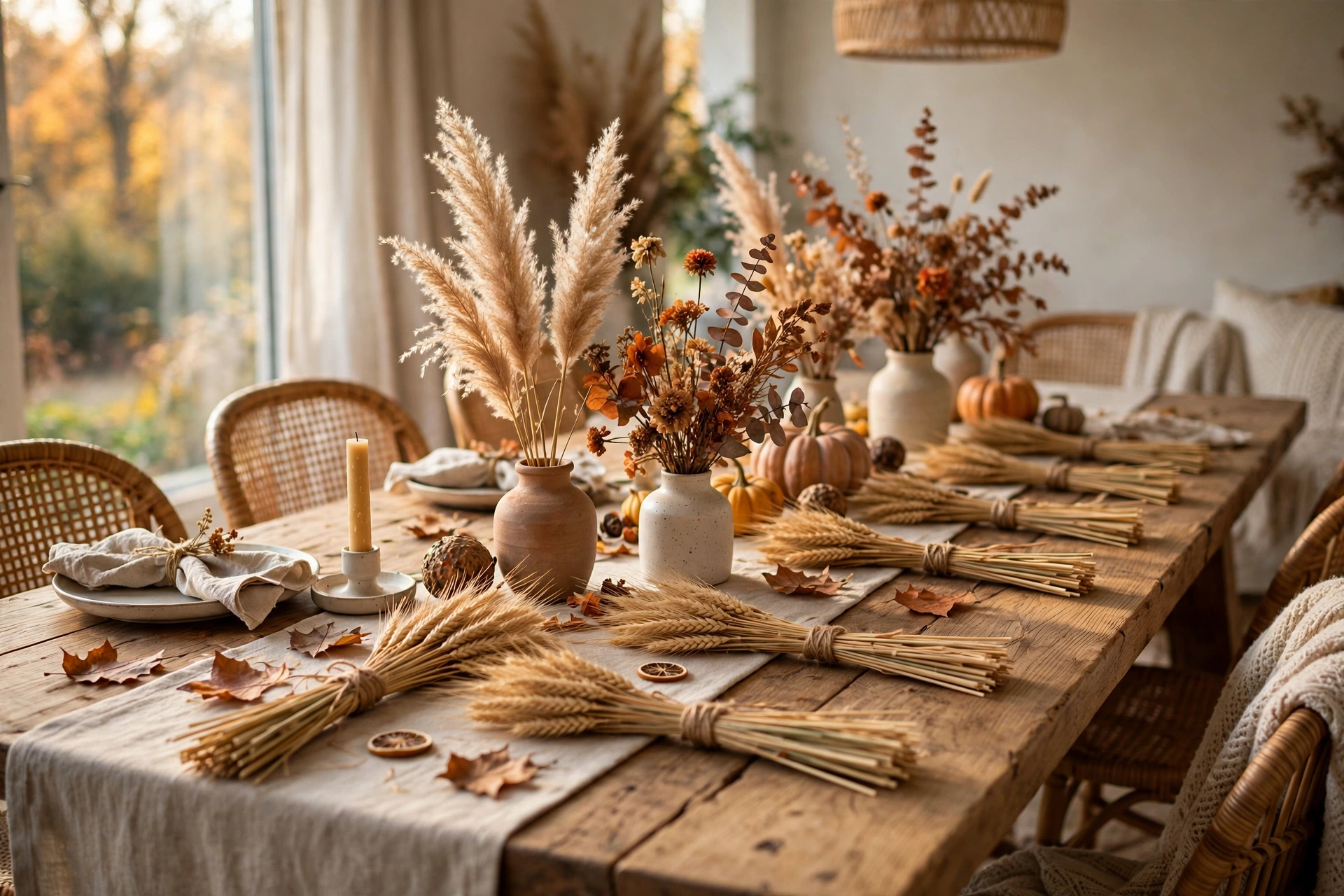 Wheat stalks, pampas grass and dried florals styled on a fall table
