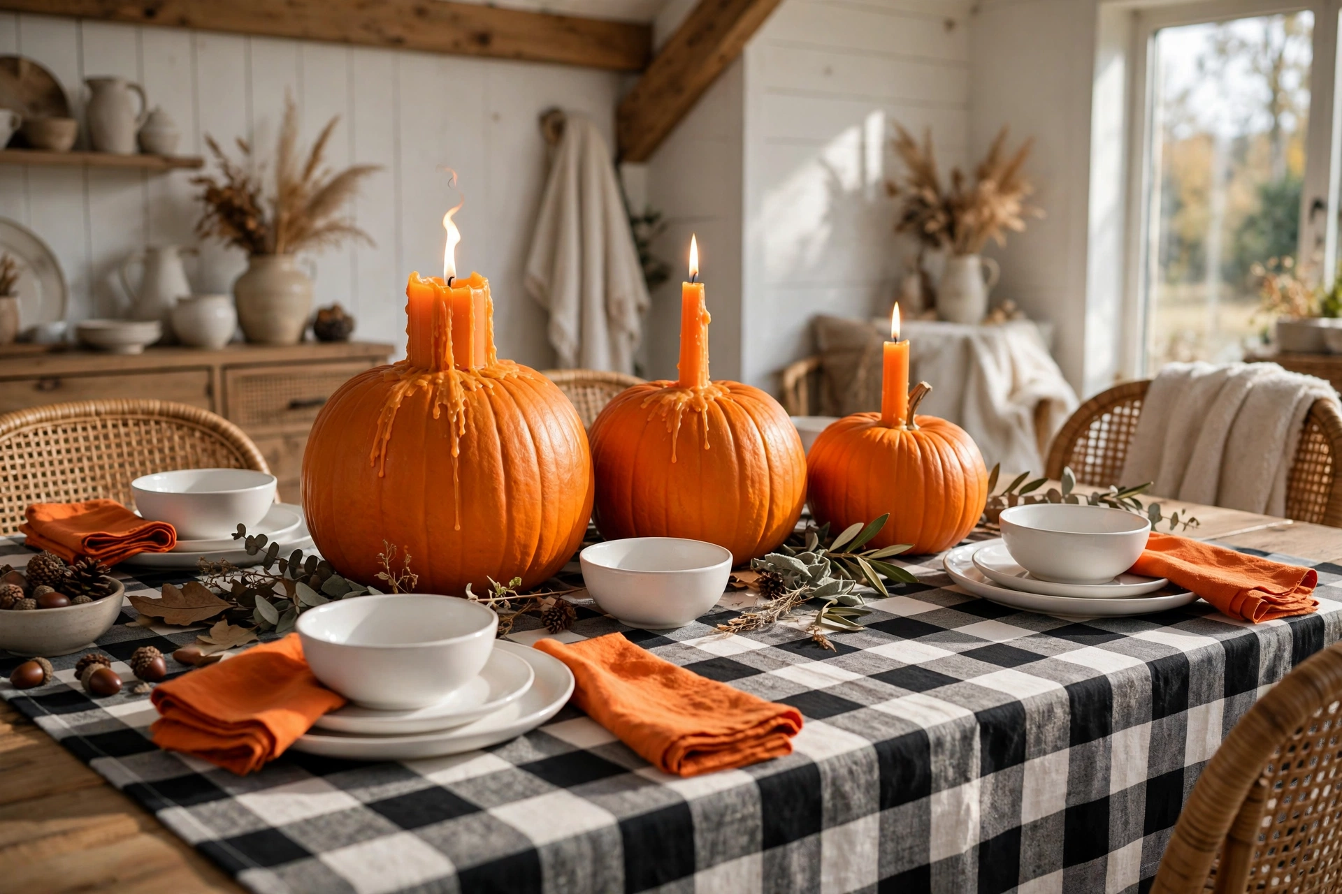 Buffalo check tablecloth with bright orange pumpkins and napkins