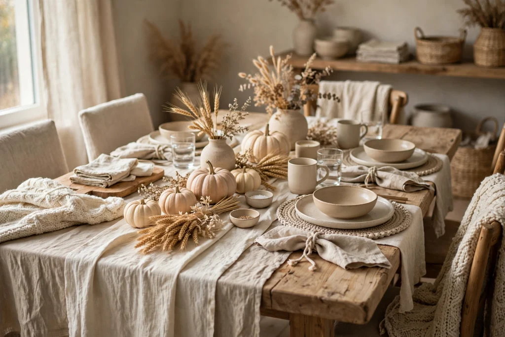 Soft neutral fall table with cream, taupe and beige layers