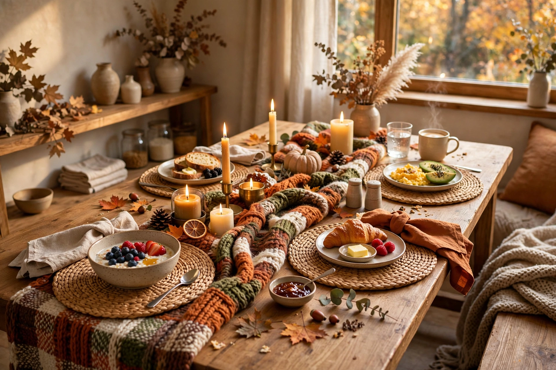 Chunky knit throw blanket used as a cosy table runner