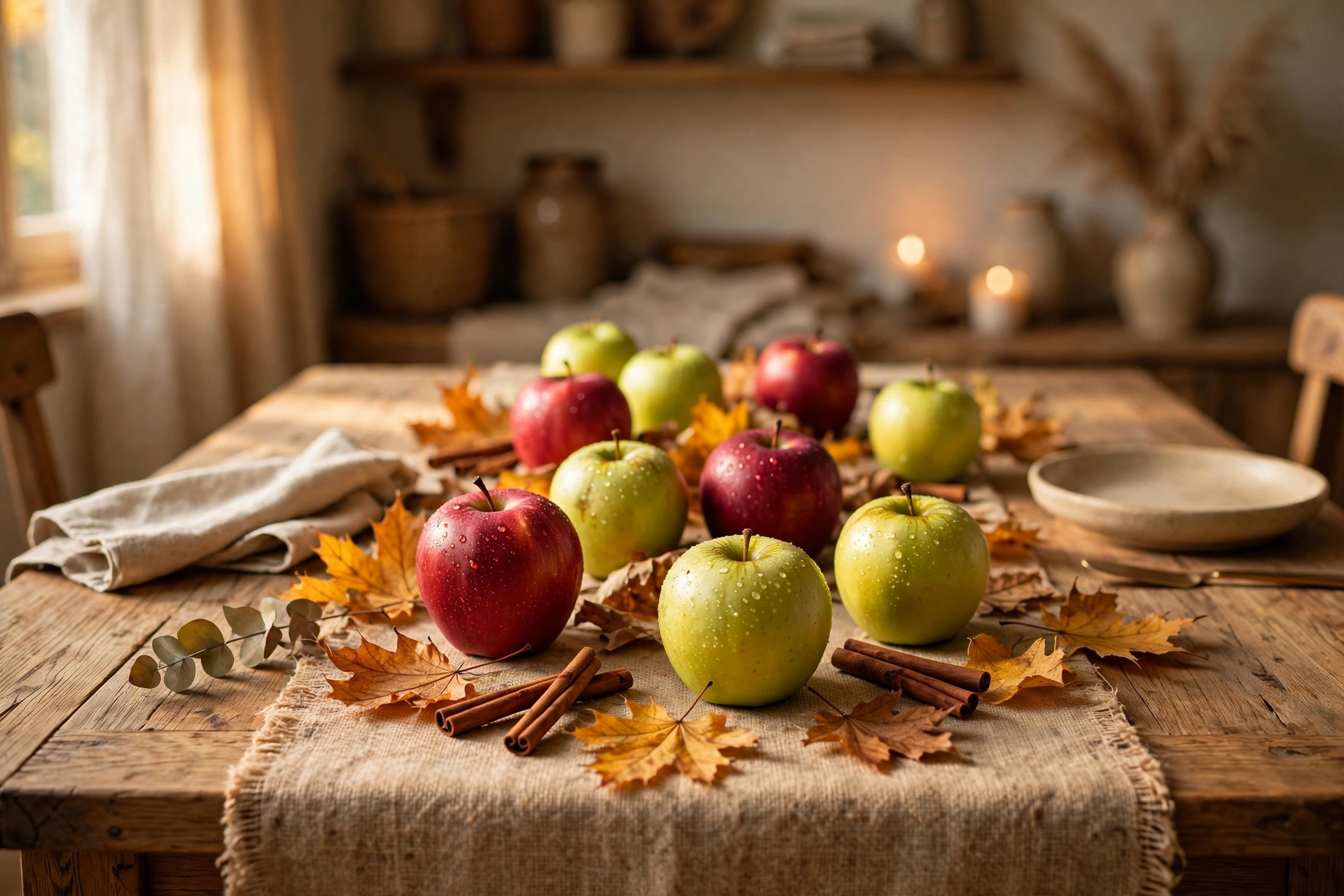 Apple orchard harvest table with red and green apples and cinnamon sticks