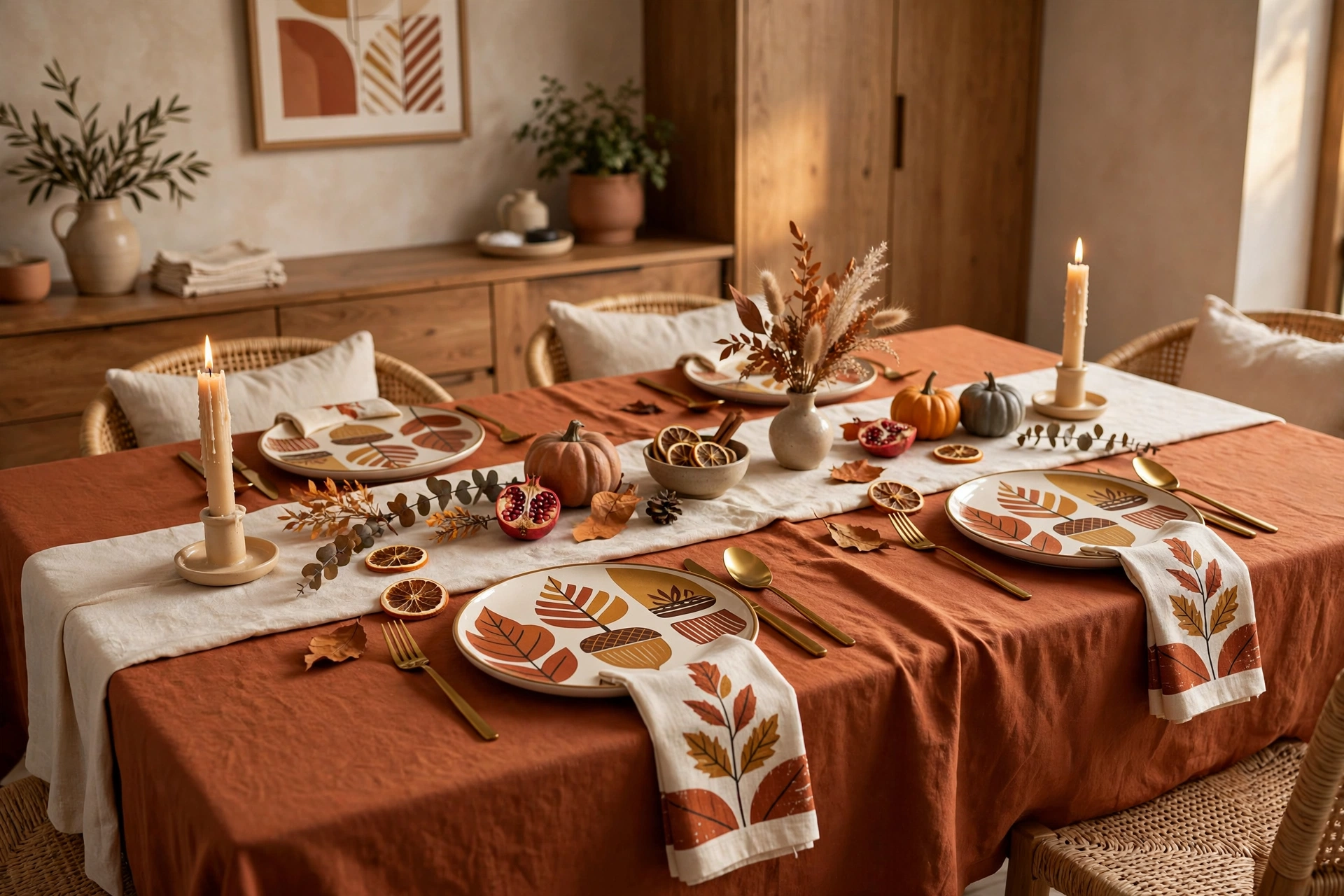 Half-and-half two-tone fall table with a rust cloth and contrasting runner