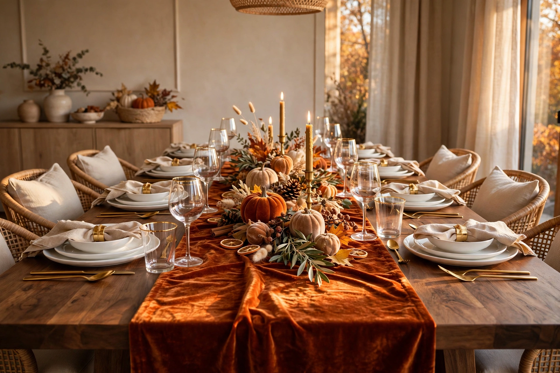 Deep-toned velvet runner in burnt orange with gold accents