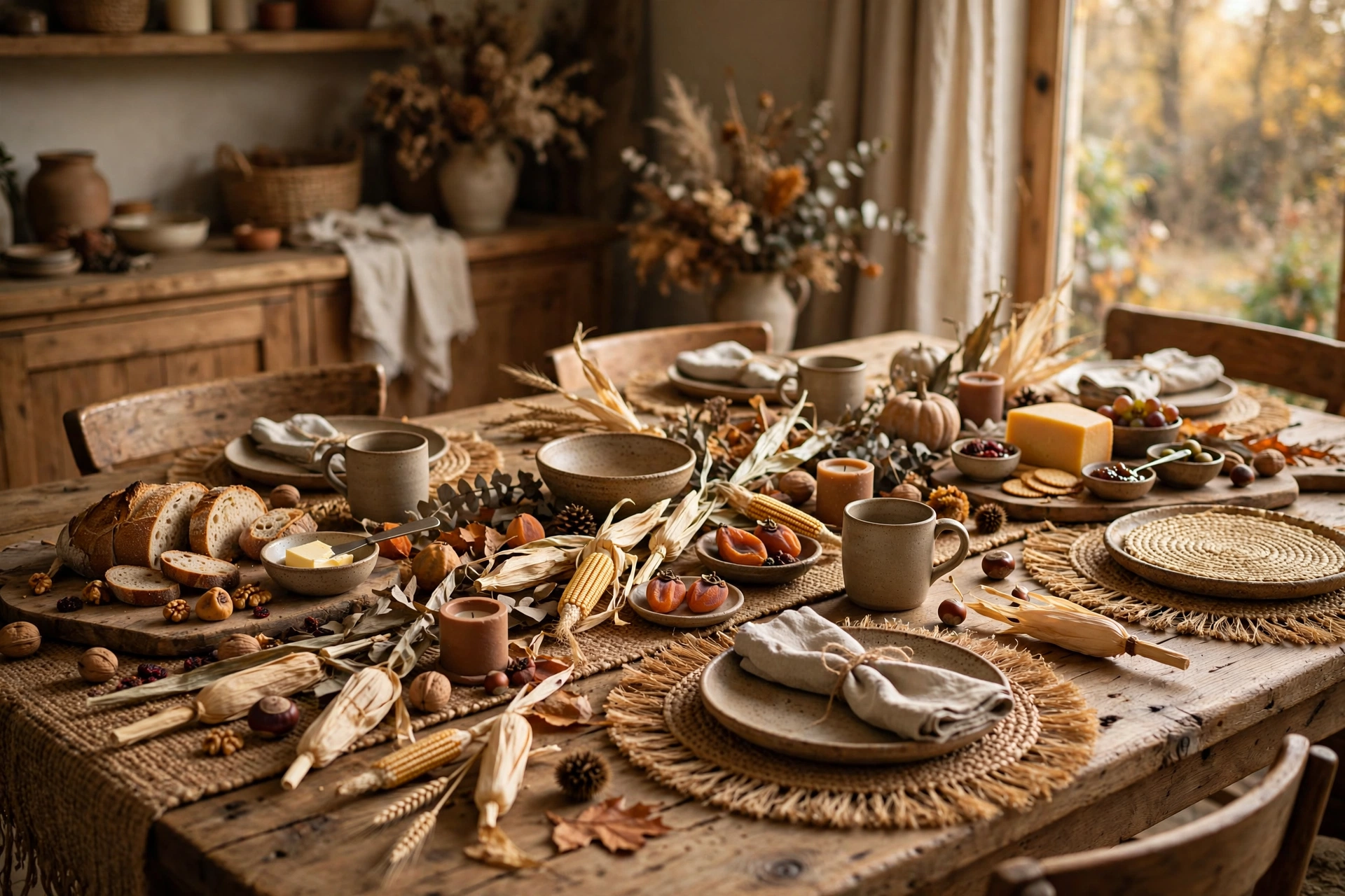 Cornstalk and raffia textured fall table with a woven jute runner