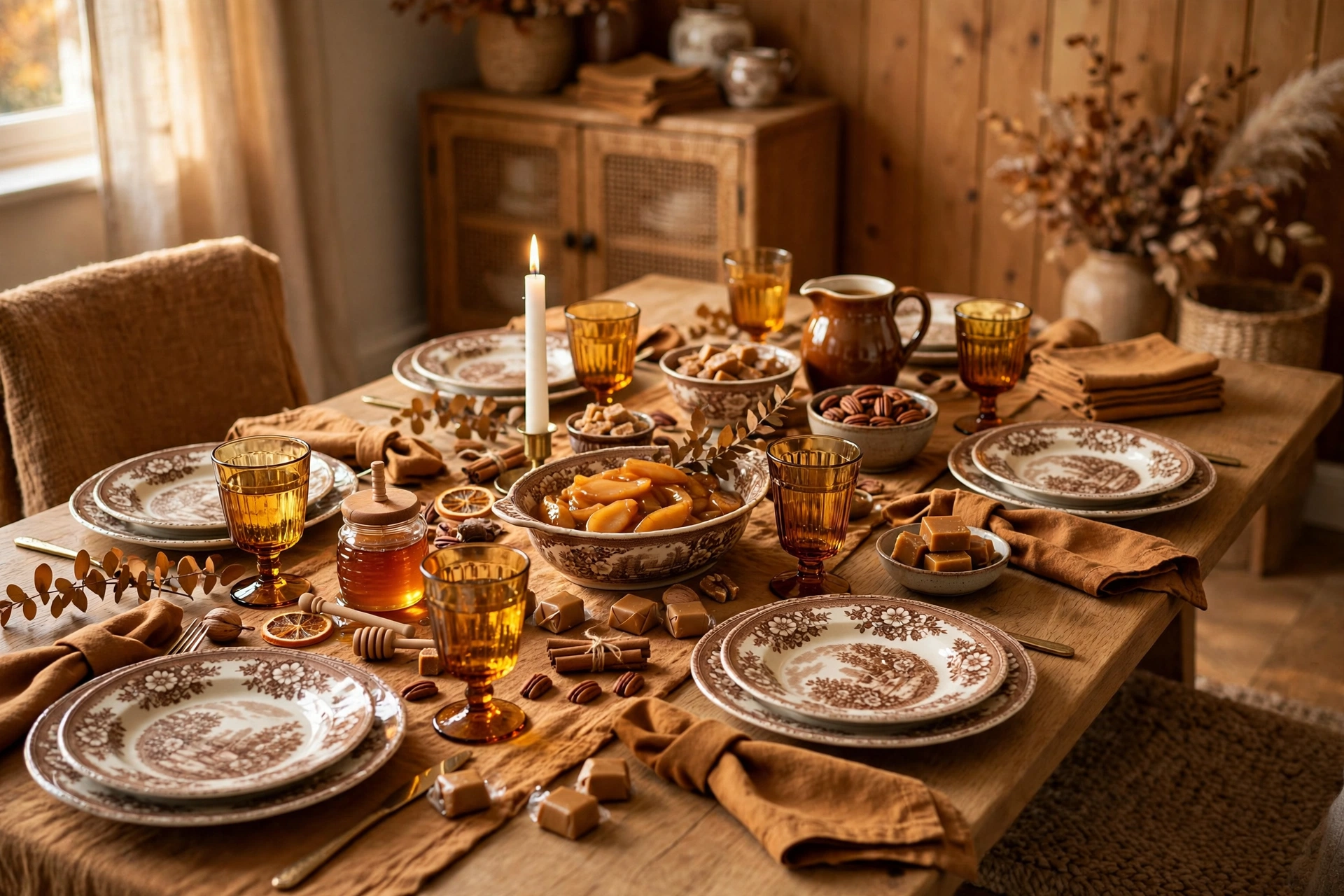 Cider and caramel toned fall table with amber glassware