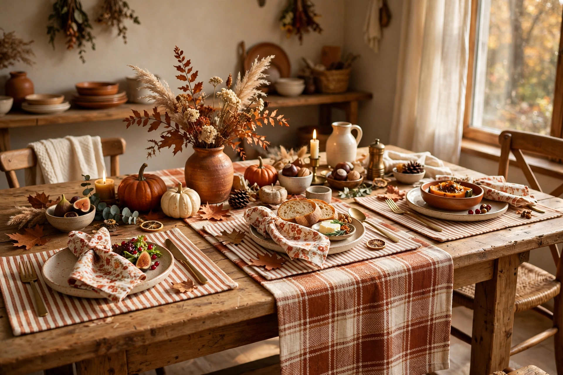 Mixed patterns fall table with plaid runner, floral napkins and striped placemats