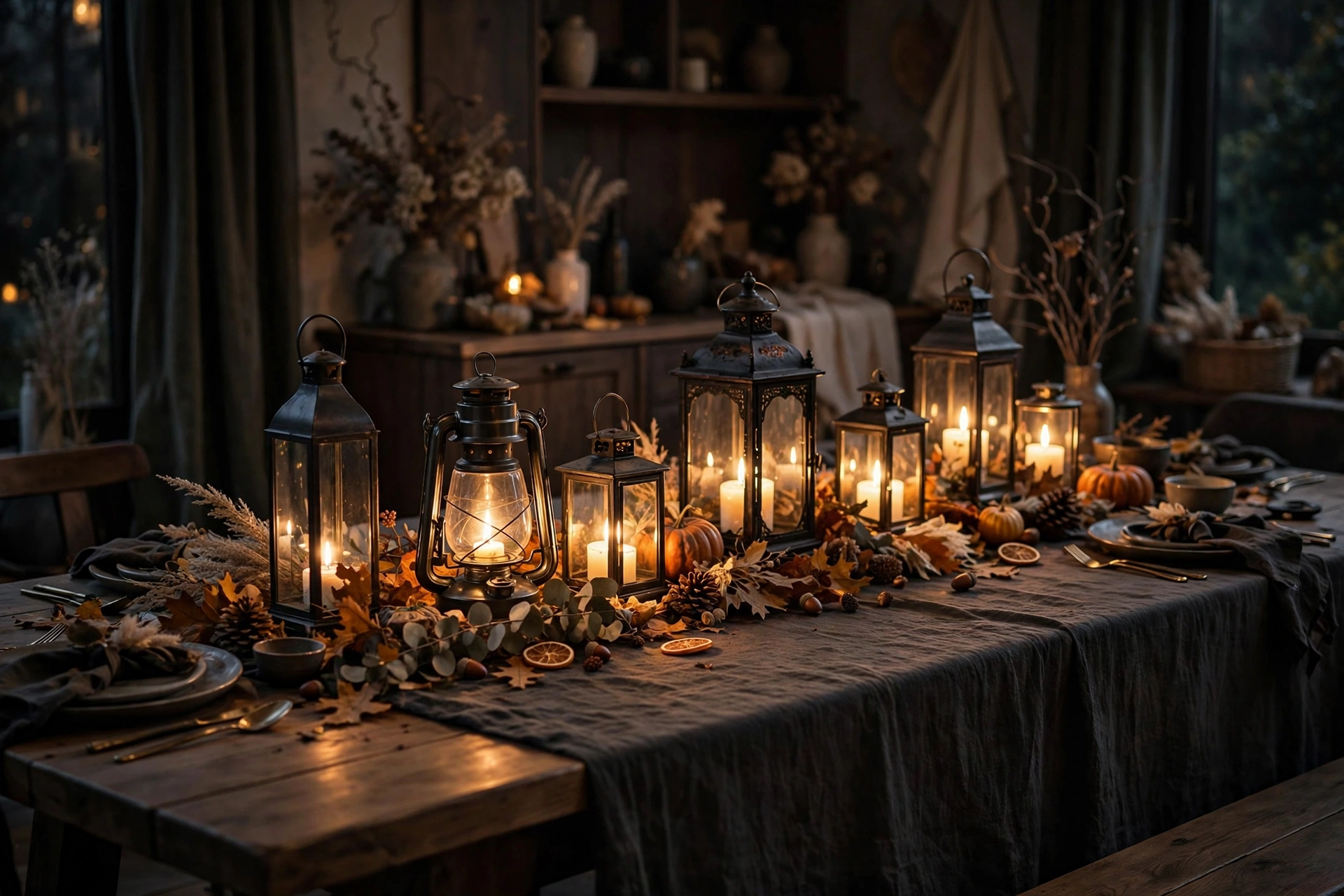 Candlelit lantern table with glowing lanterns down the centre