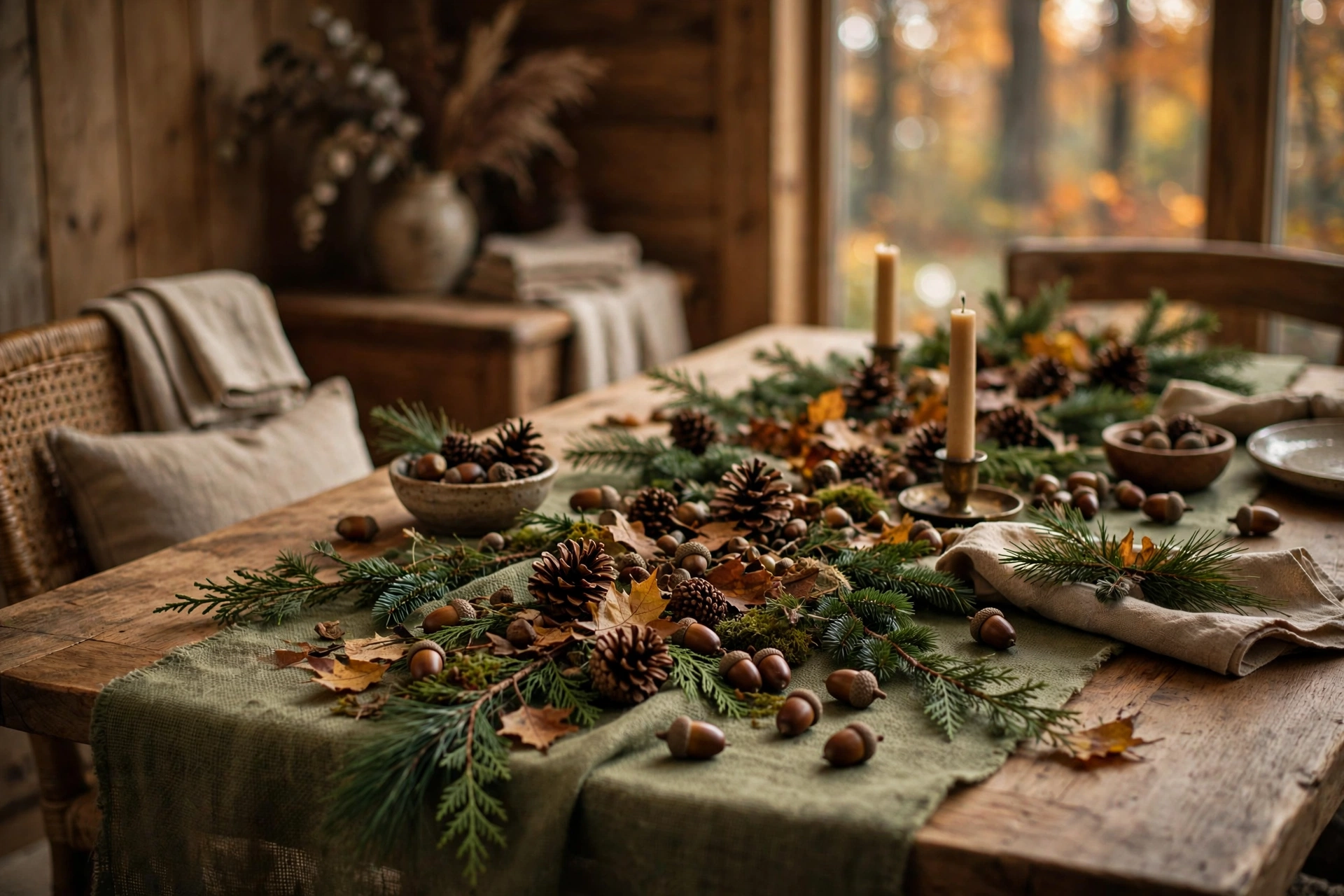 Pinecone and acorn forest fall table with evergreen sprigs