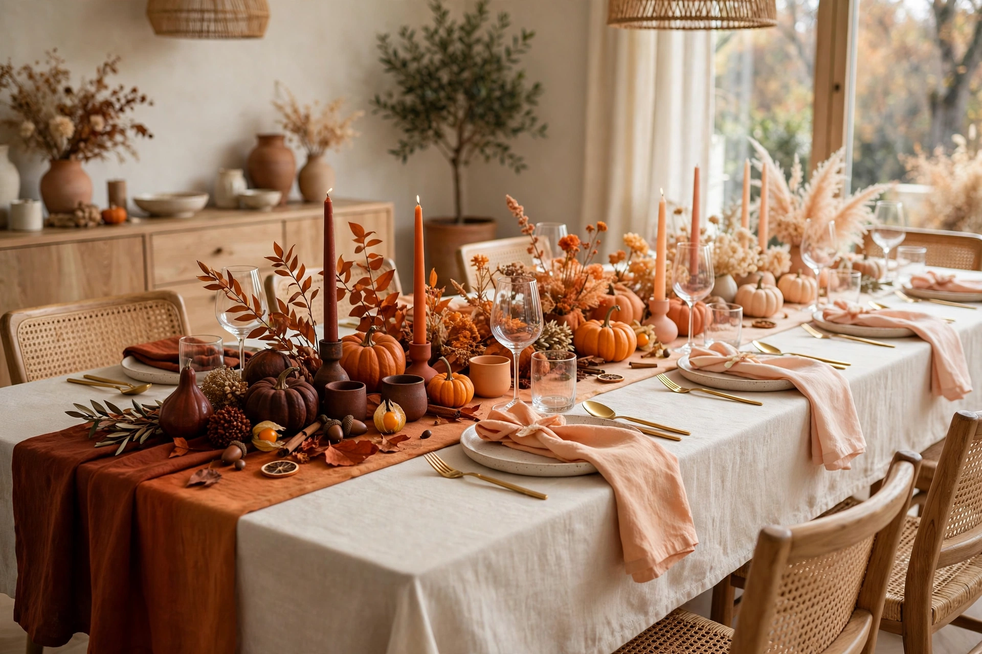 Burnt orange ombre fall table fading from deep rust to pale peach