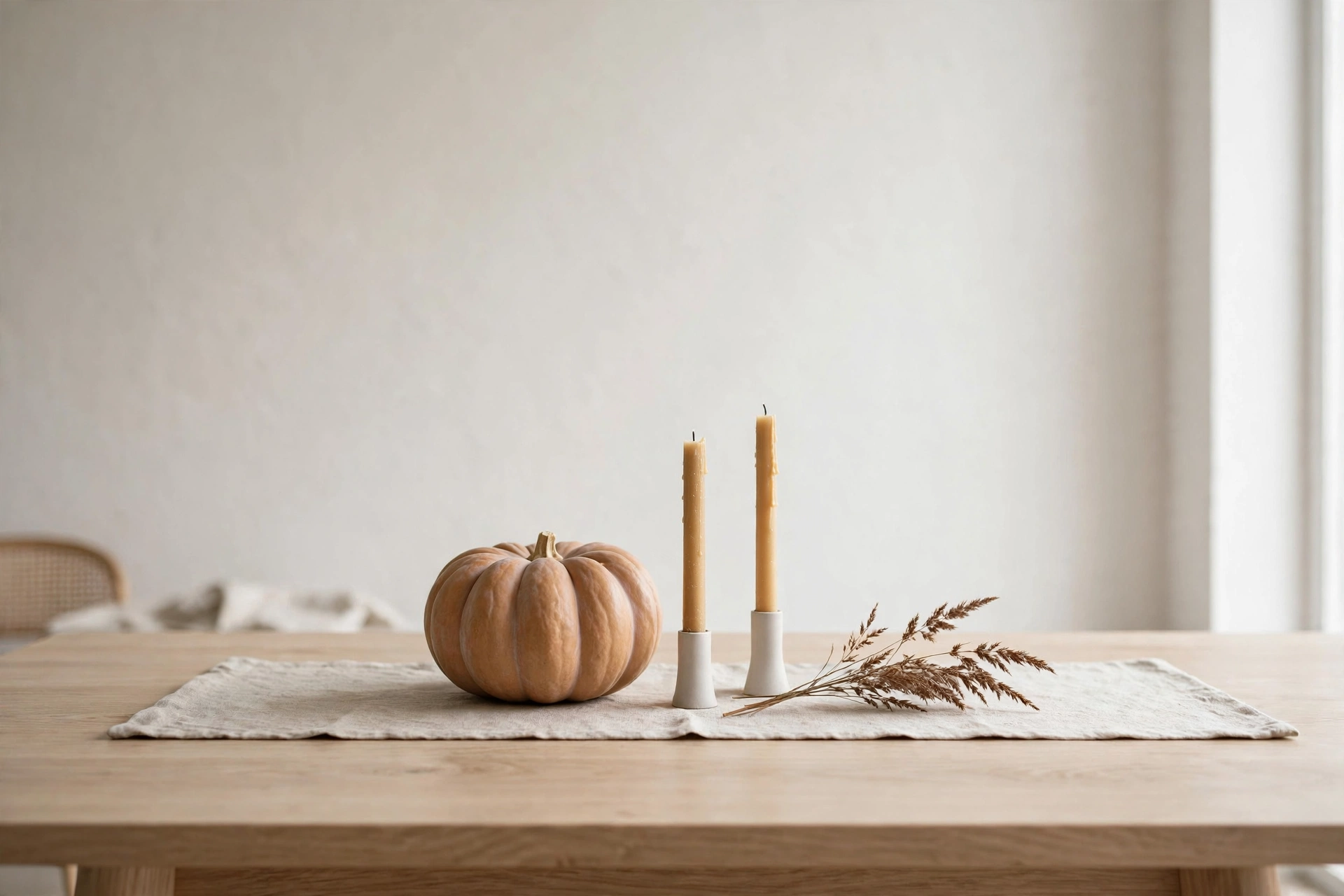 Minimalist Scandi fall table with light wood and a few simple accents