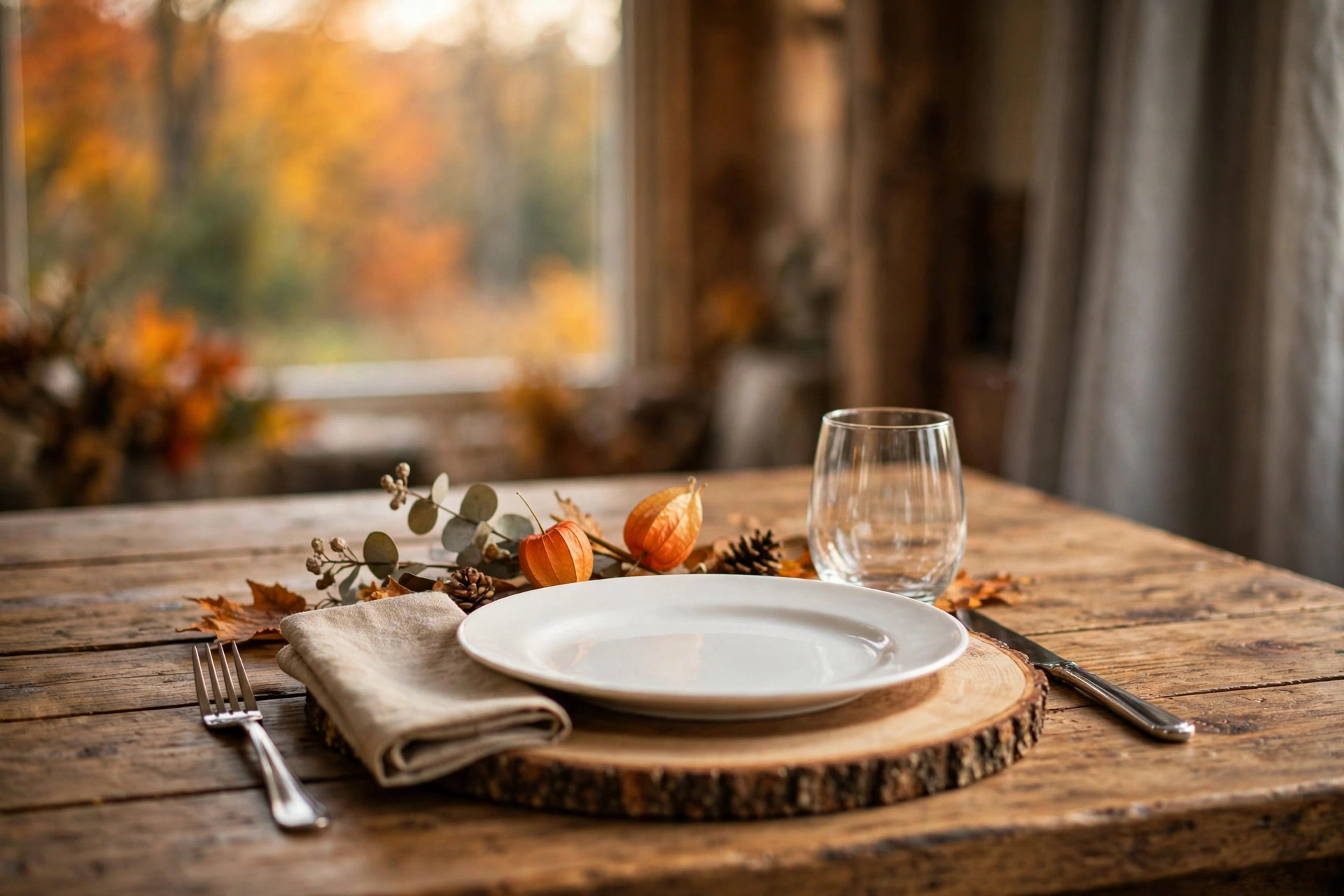 Wood-slice chargers with white dinner plates