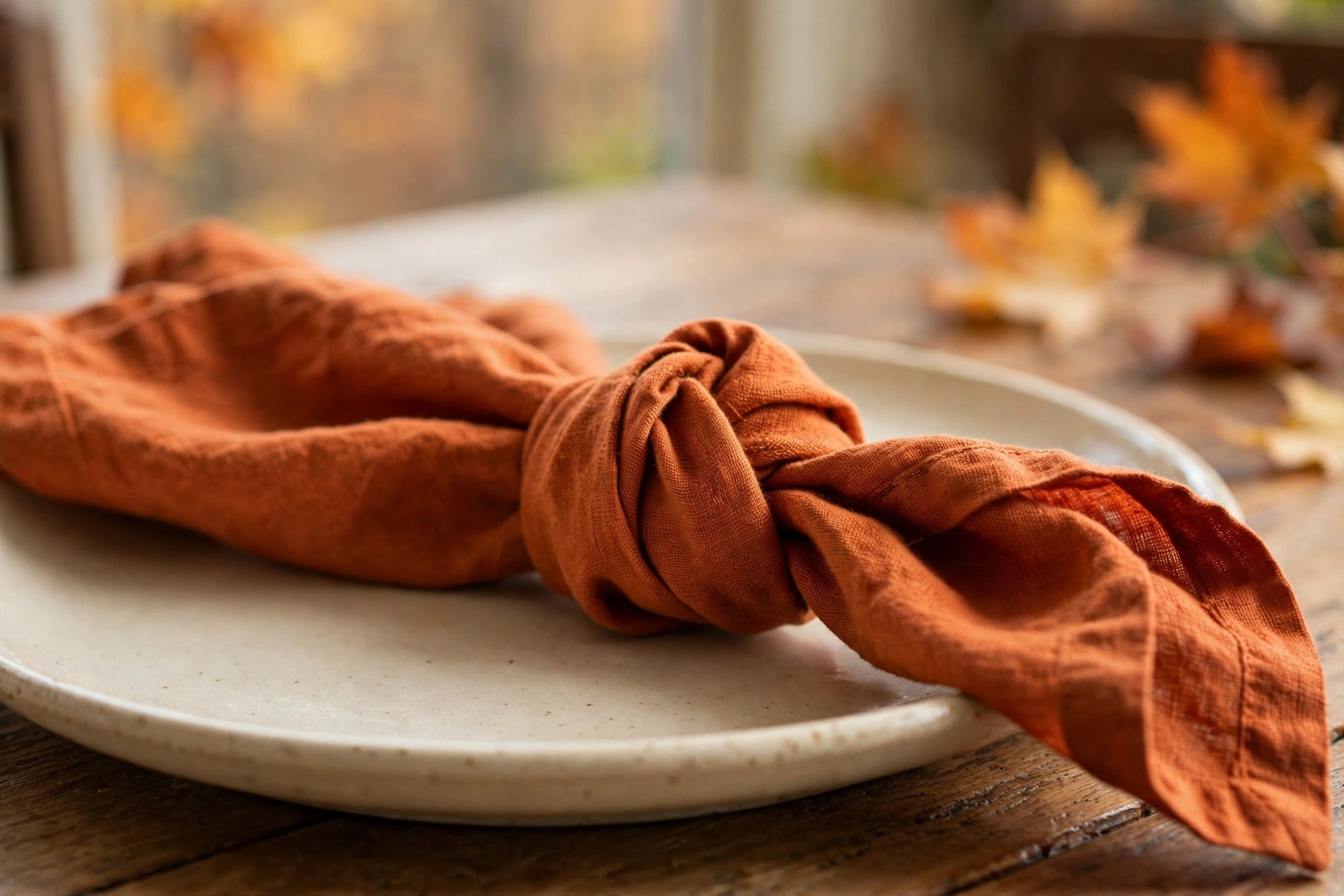 Loose-knot burnt orange napkin fold