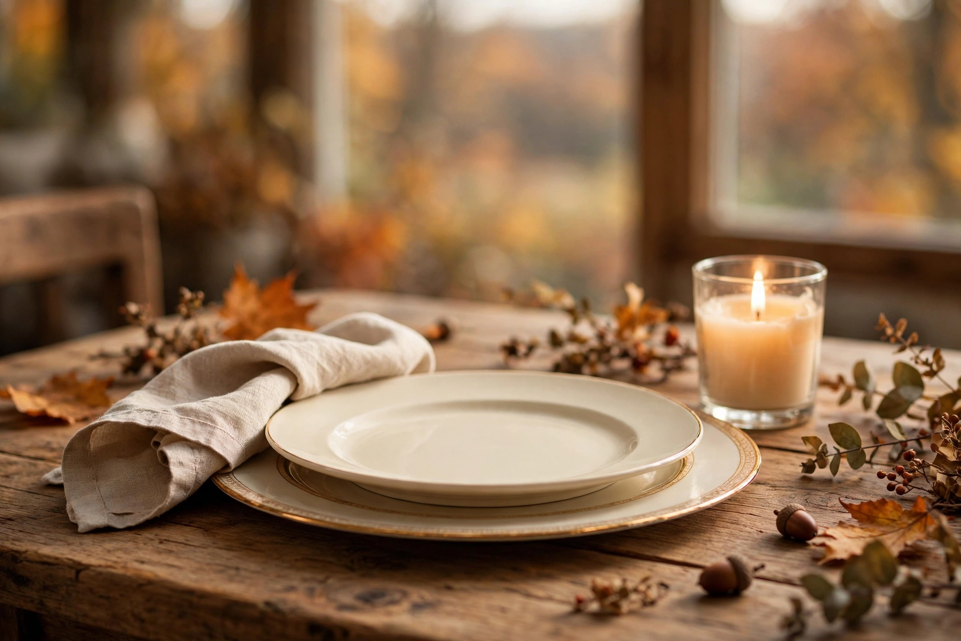 Gold-rimmed charger with cream plates