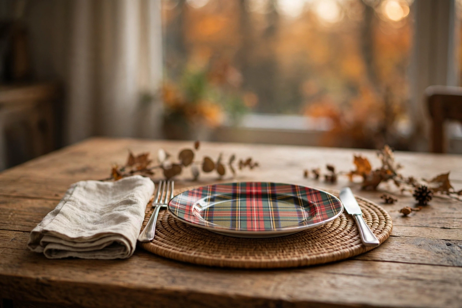 Tartan salad plates on neutral chargers