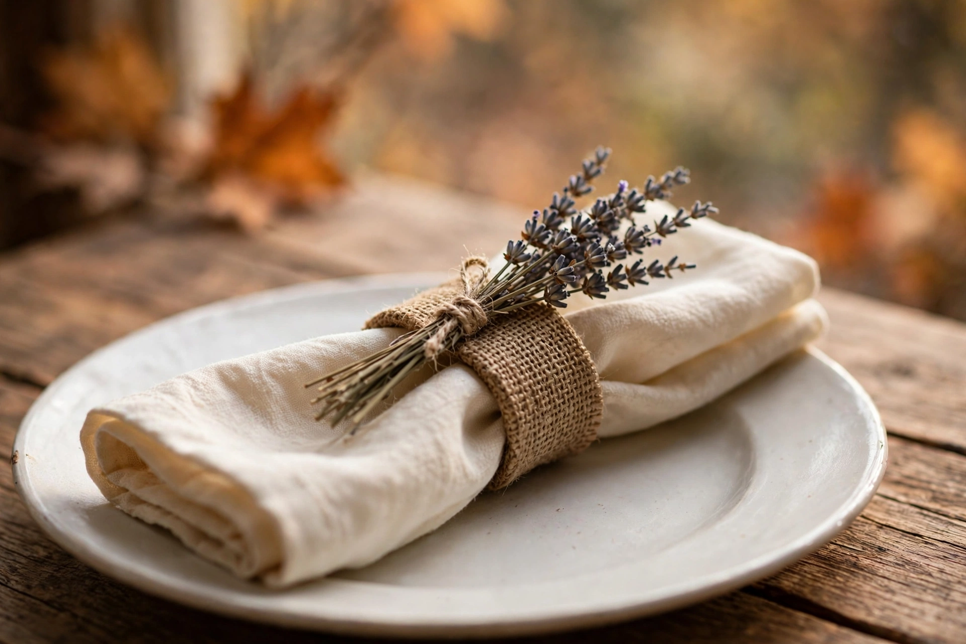 Burlap napkin rings with dried lavender