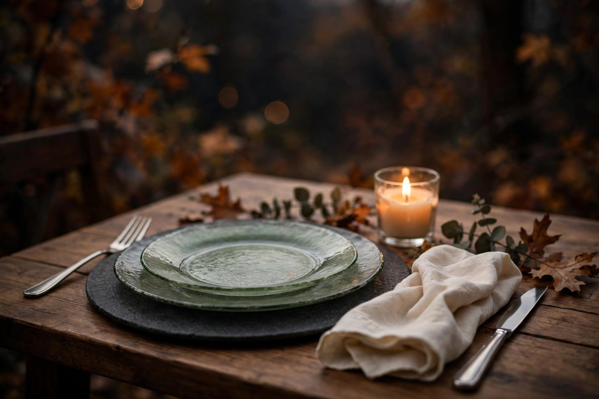 Sage green glass plates over dark chargers