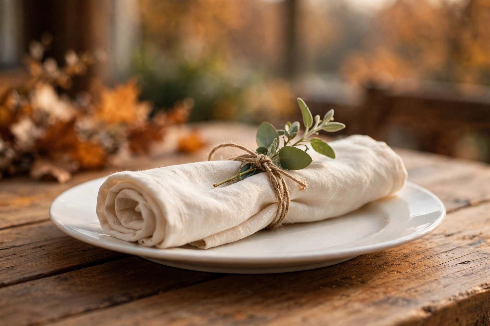 Twine-wrapped napkins with eucalyptus sprigs