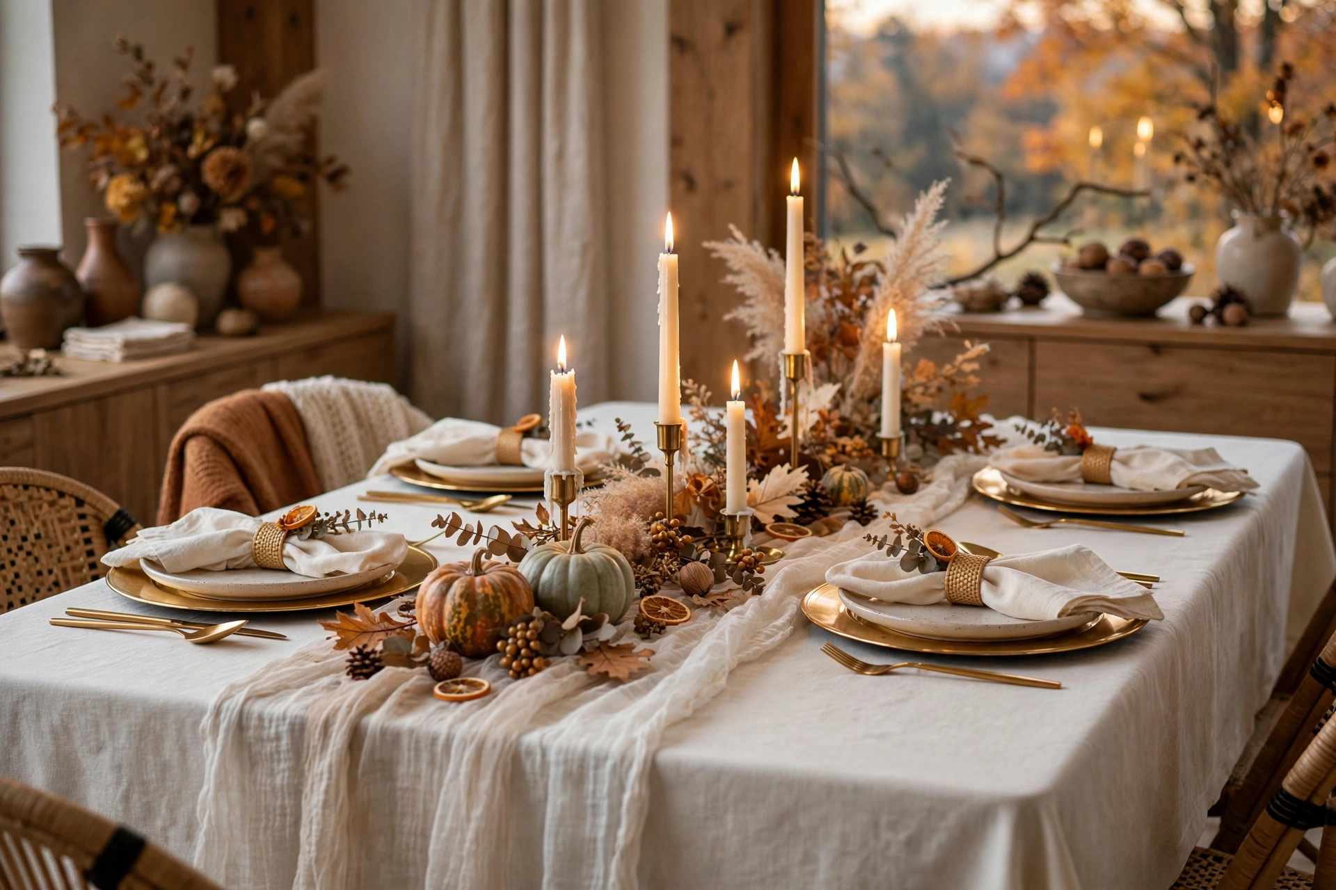 Double-layered linen base with ivory tablecloth and sheer gauze runner for an elegant fall tablescape