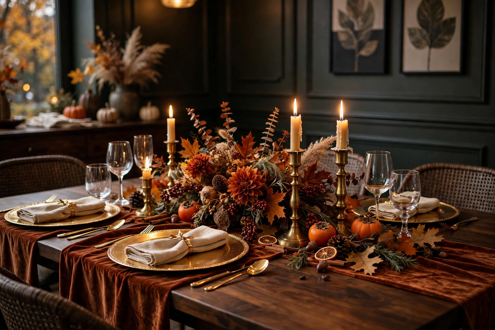 Deep rust velvet runner laid over a dark wood table with gold chargers for a sophisticated fall tablescape