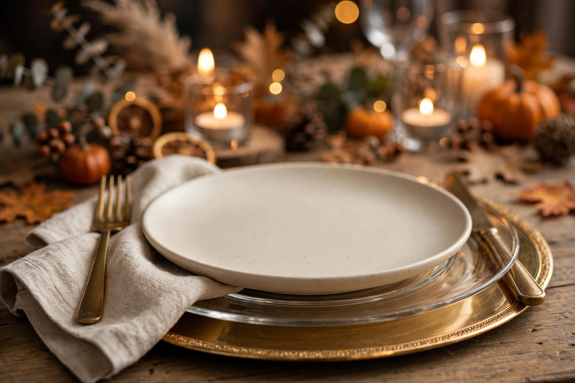 Gold-rimmed charger layered with a clear glass charger at an elegant fall place setting