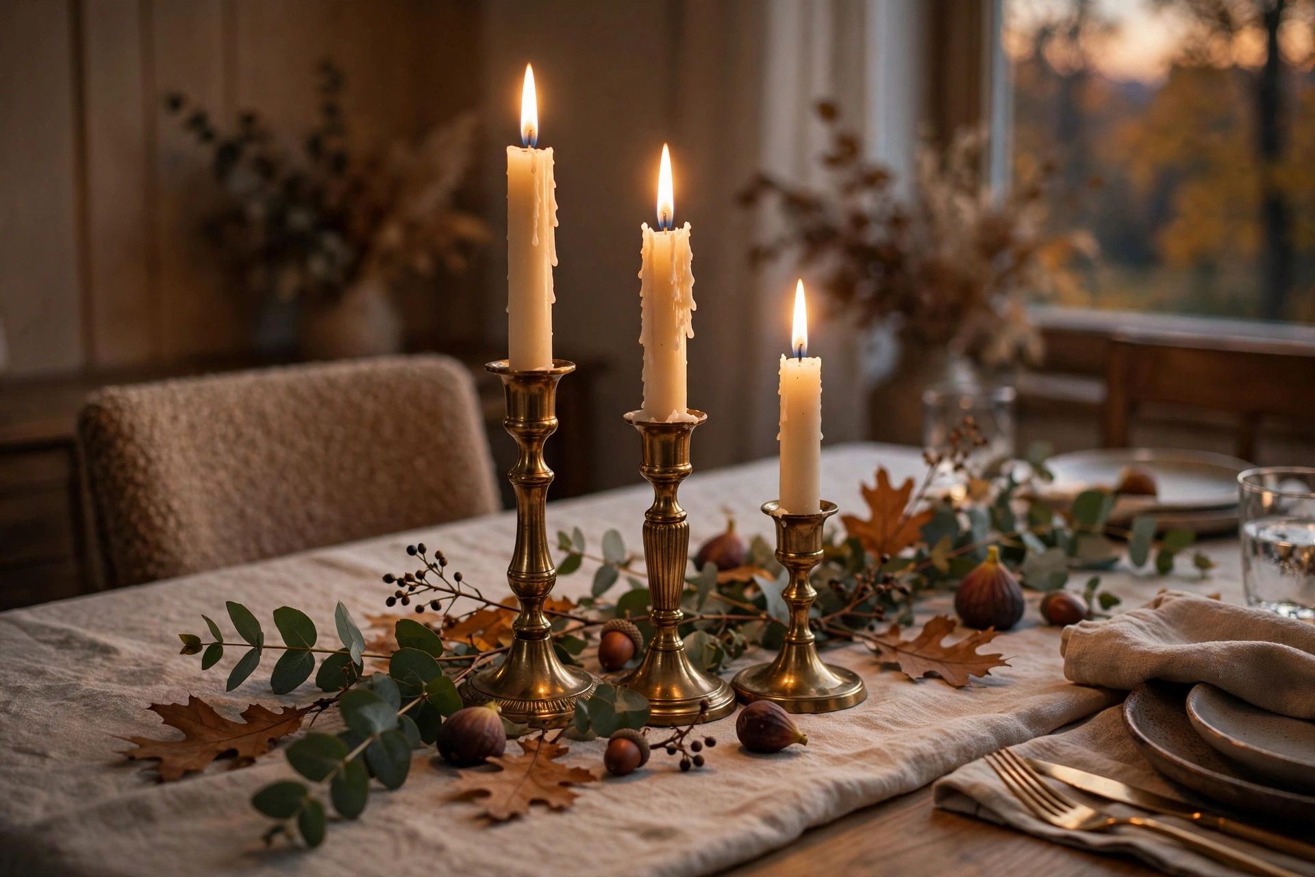 Brass candlesticks in three different heights grouped down the center of a fall table