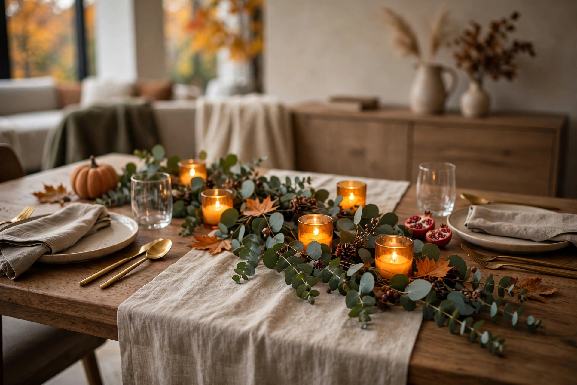 Fresh eucalyptus garland with amber glass votives running the length of a fall table