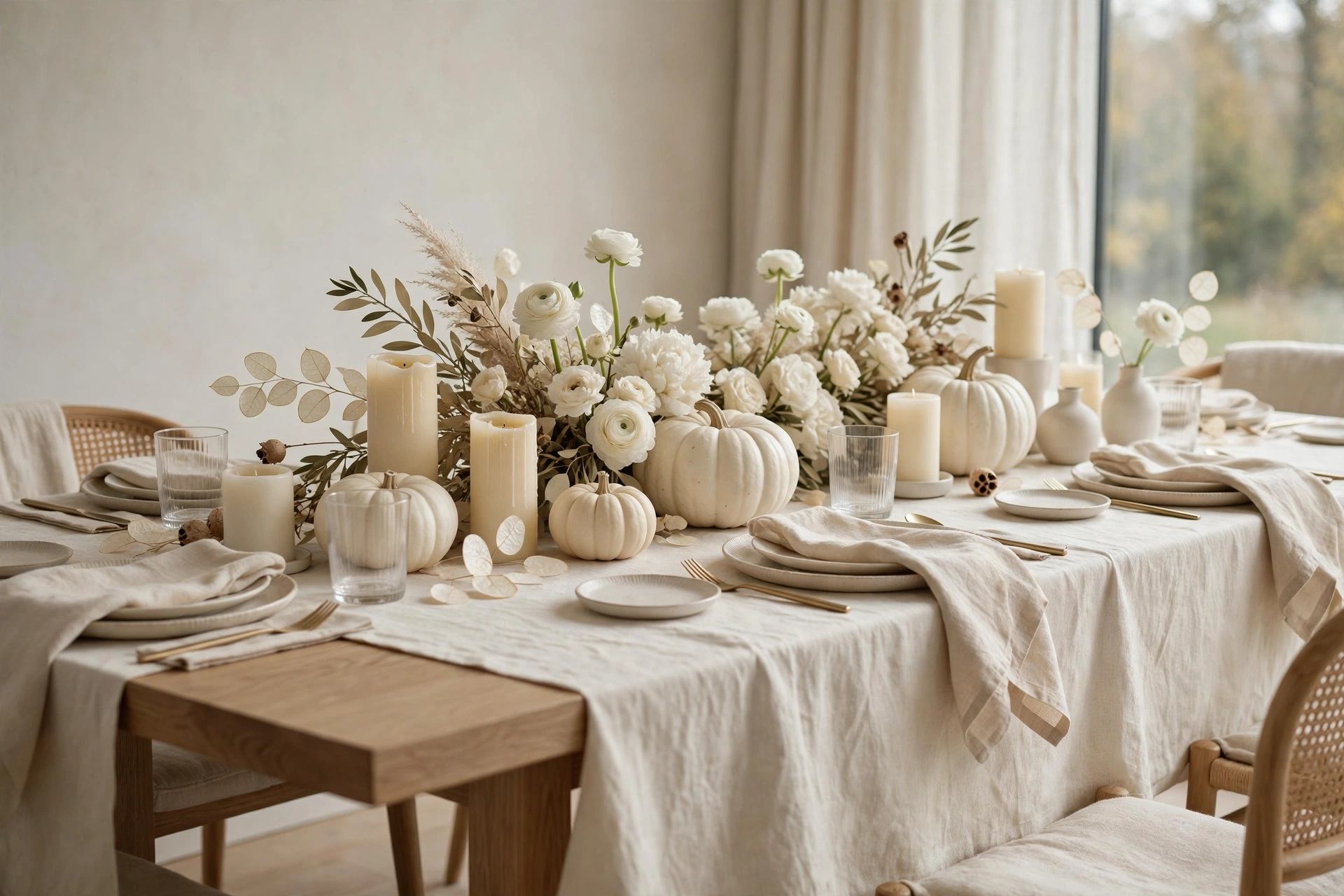 Monochromatic cream and ivory fall tablescape with white pumpkins and cream candles