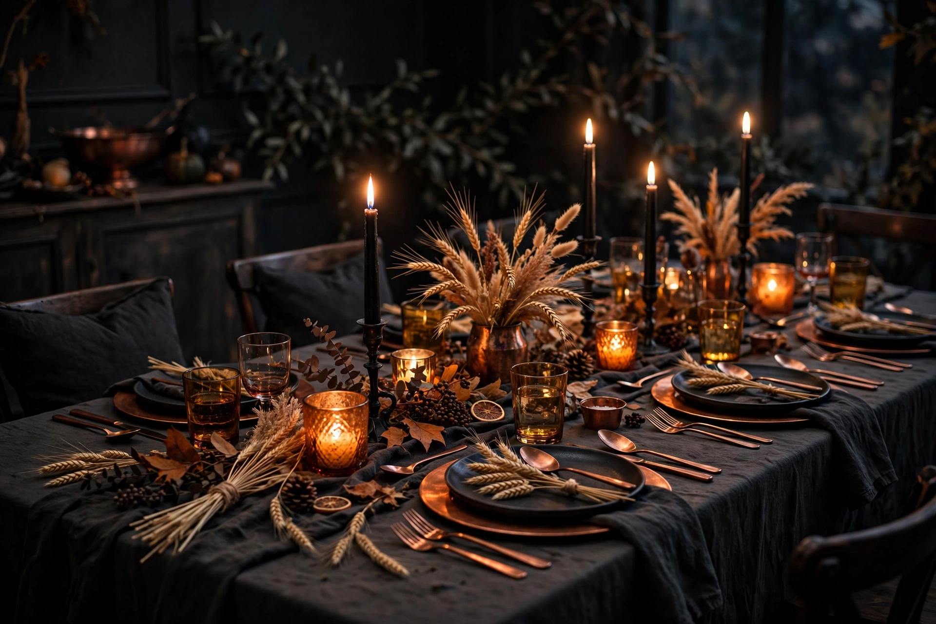 Moody dark fall tablescape with black taper candles and copper accents