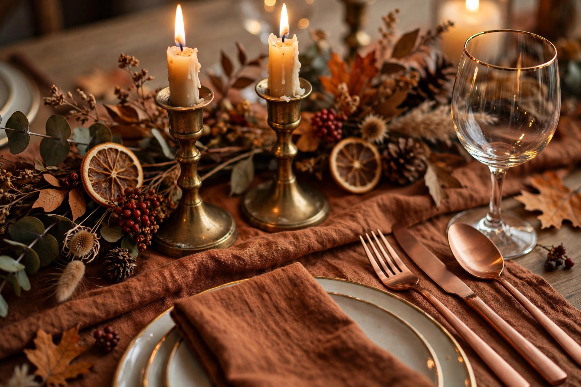 Mixed brass and copper metals layered on a fall table with gold-rimmed glassware