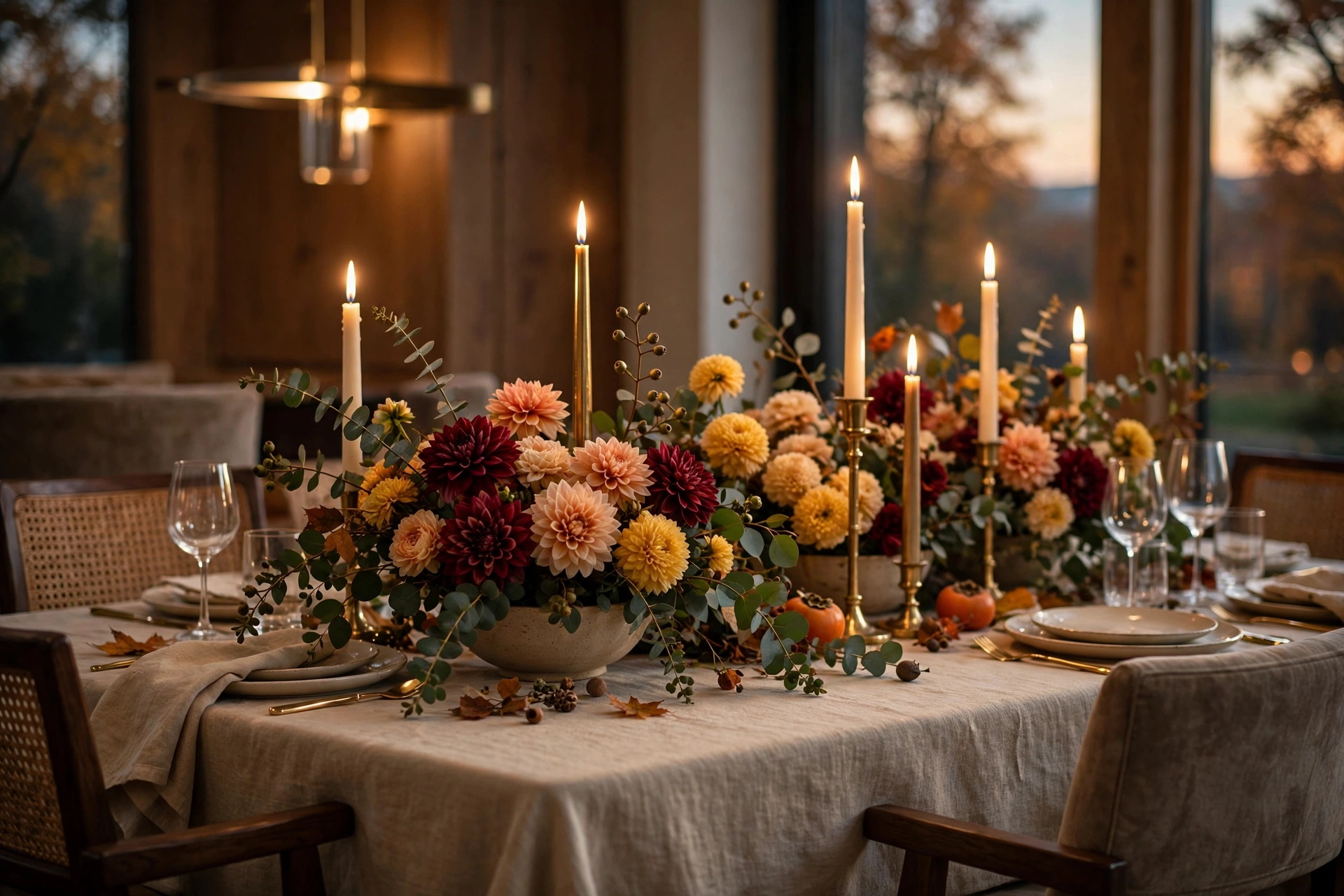 Tall taper candles paired with low bowls of fall florals down the center of the table