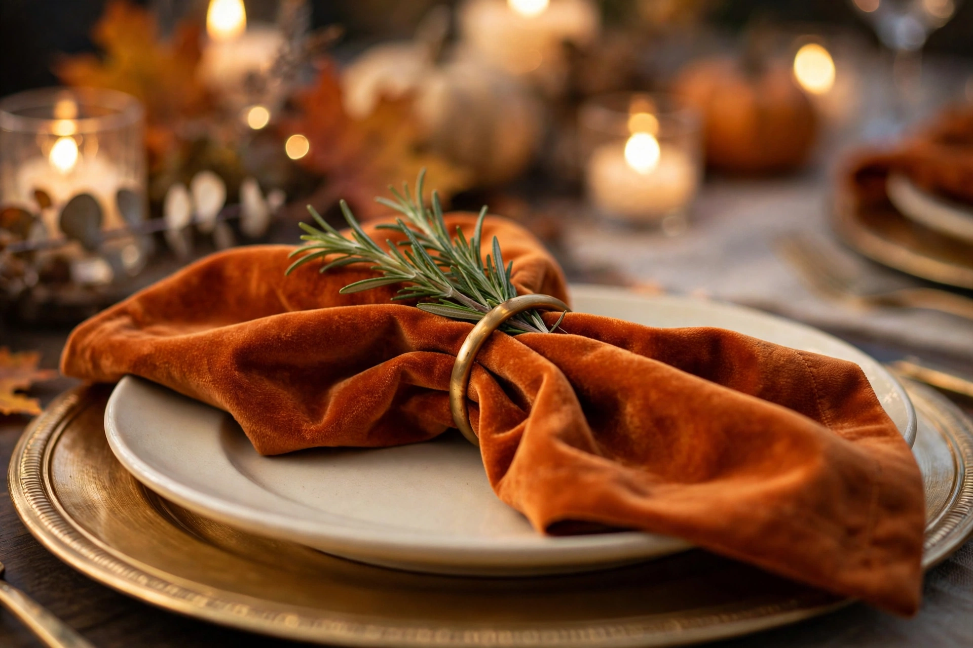 Jewel-toned velvet napkin in a brass napkin ring on a fall dinner plate