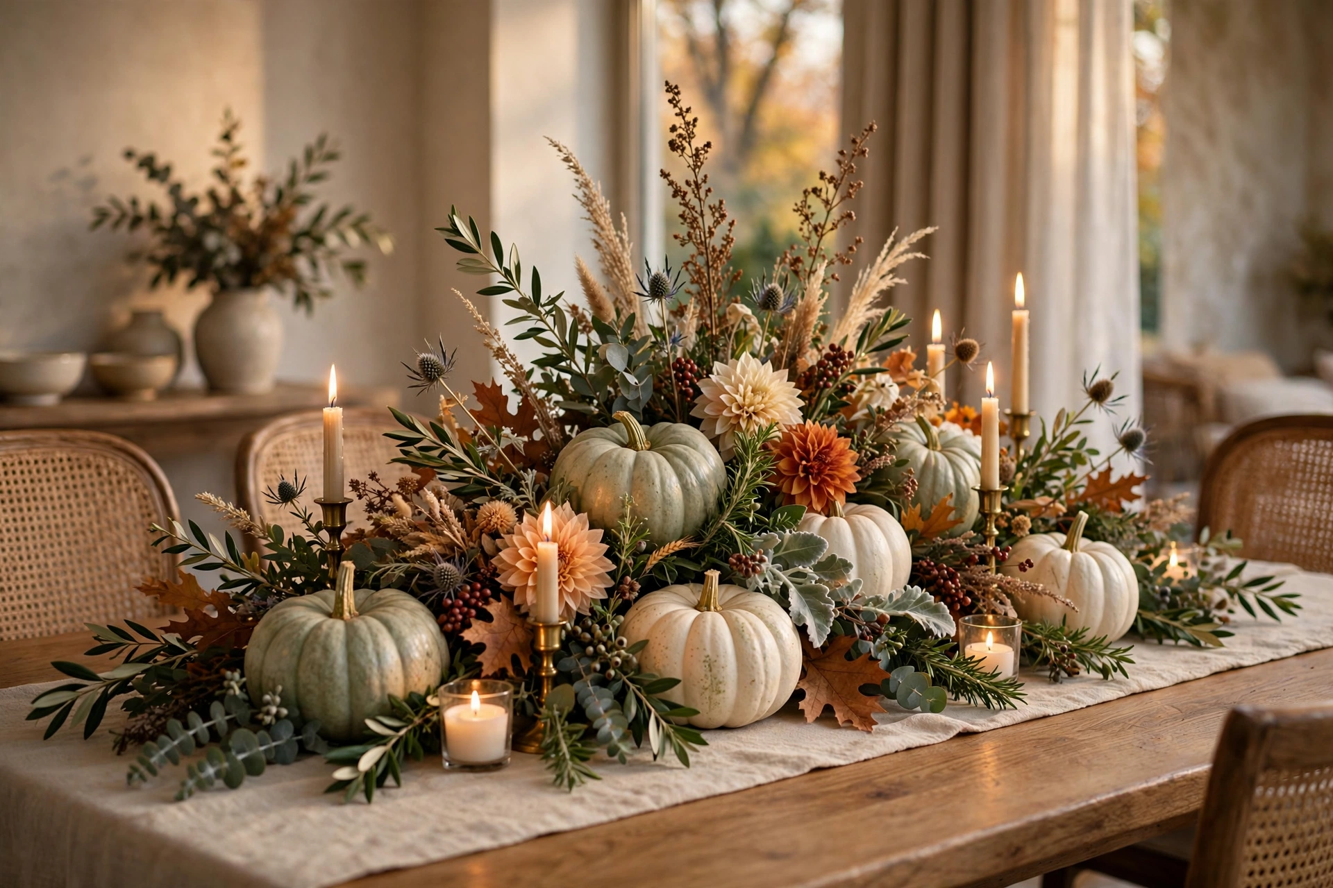 White and pale-green heirloom pumpkins nestled into fall floral arrangements