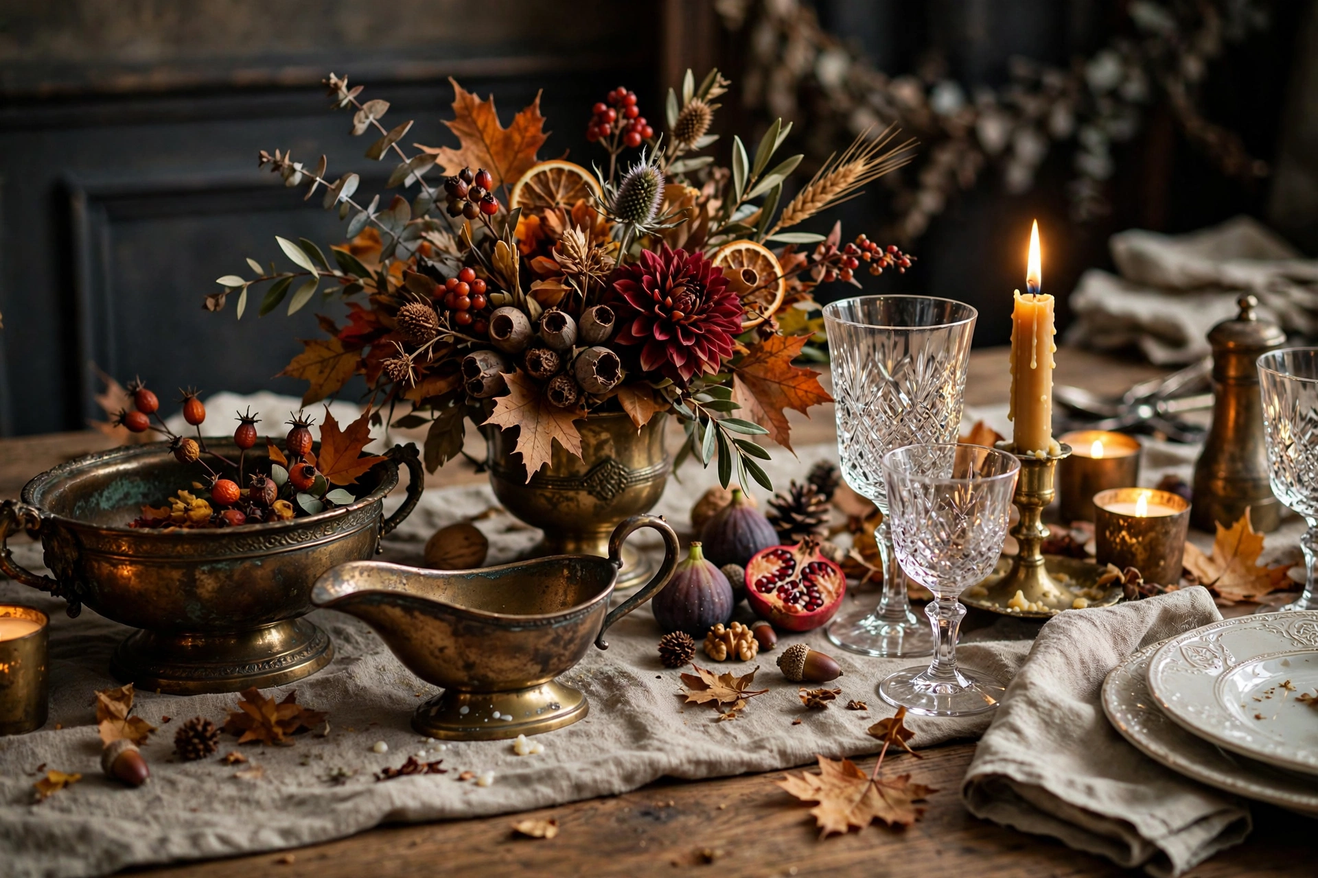 Antique brass serving pieces mixed with crystal glassware for old-world fall elegance