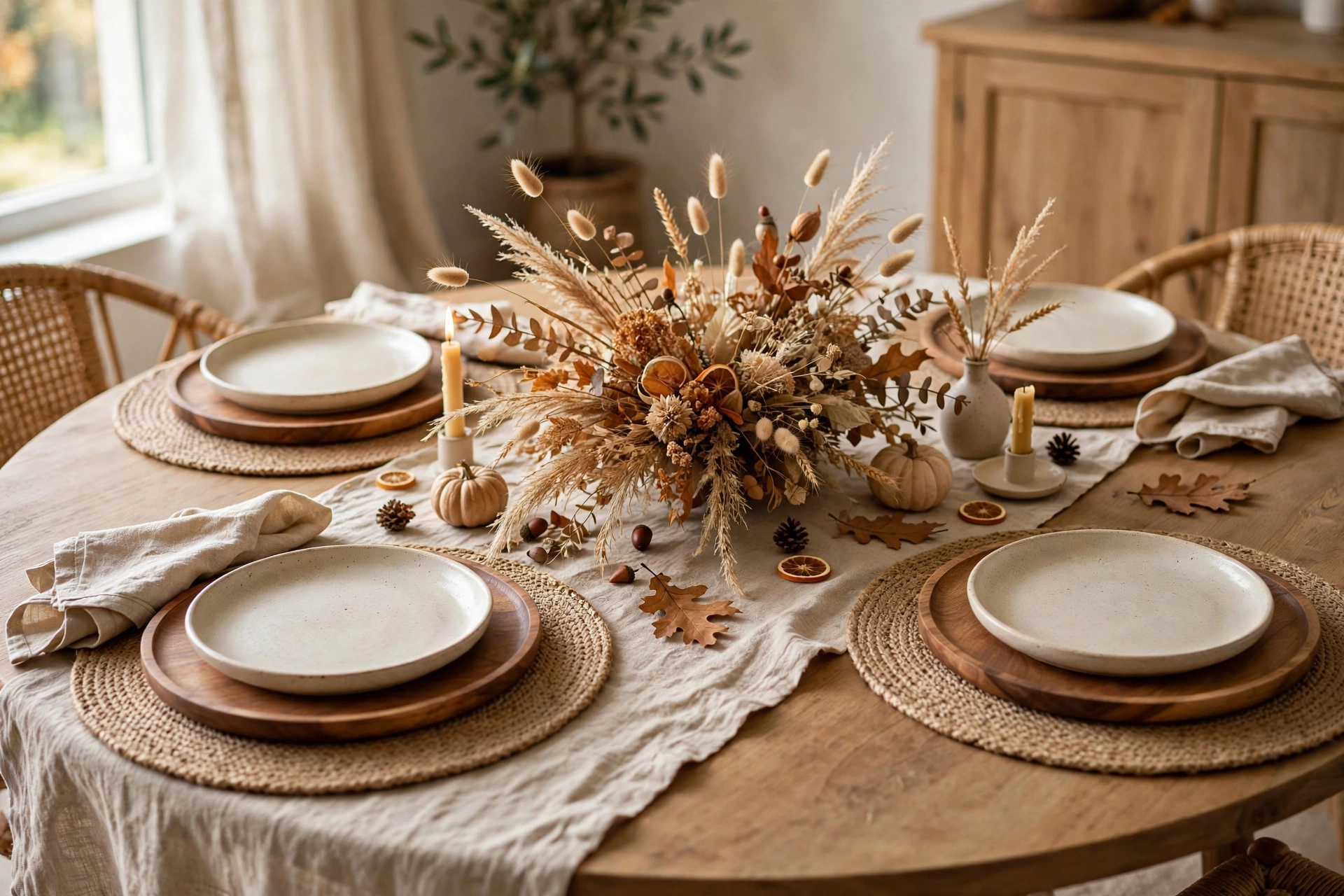 Raw linen runner over round jute placemats with wooden chargers for an earthy fall table