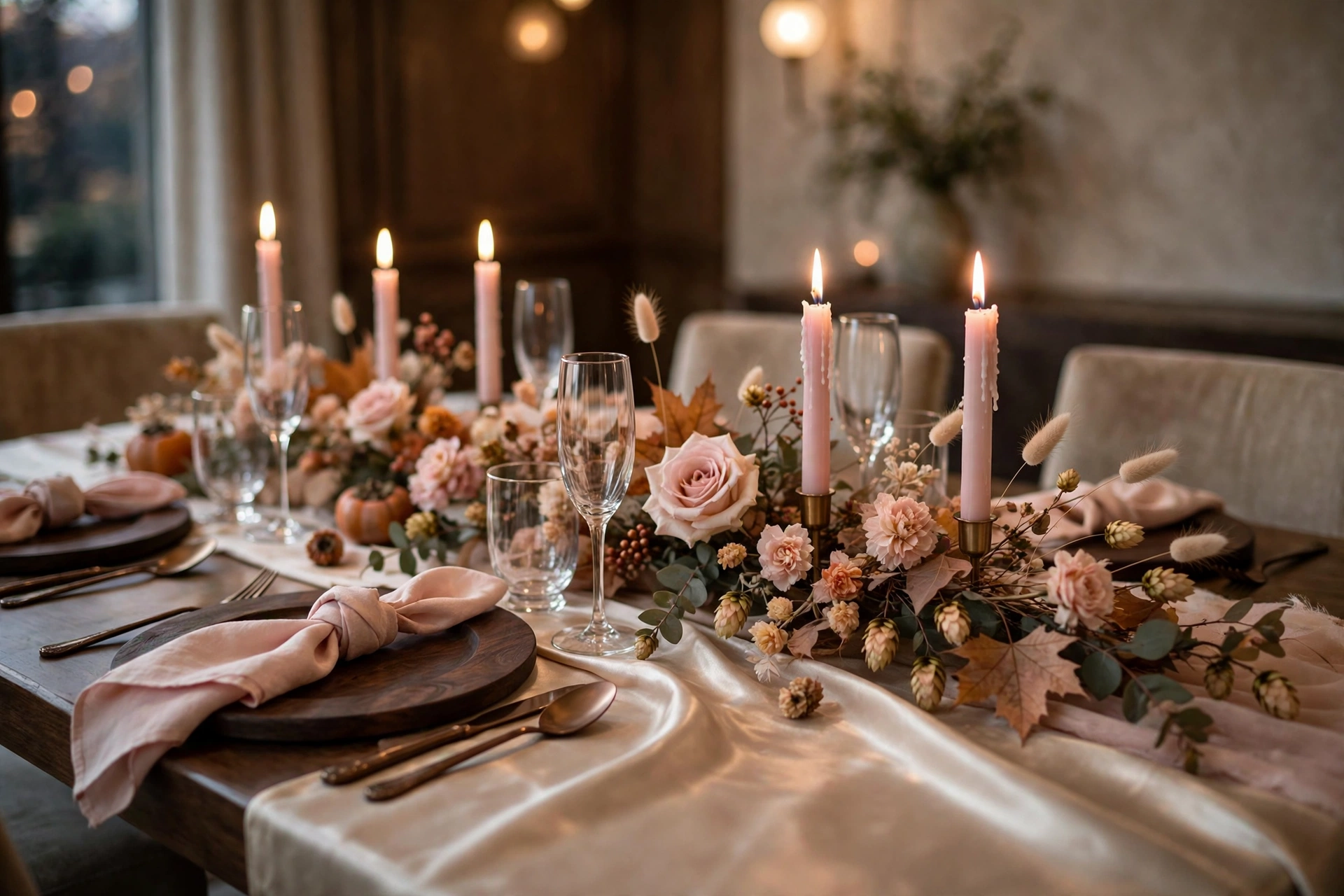 Champagne satin runner with blush napkins and pale pink candles on a romantic fall table