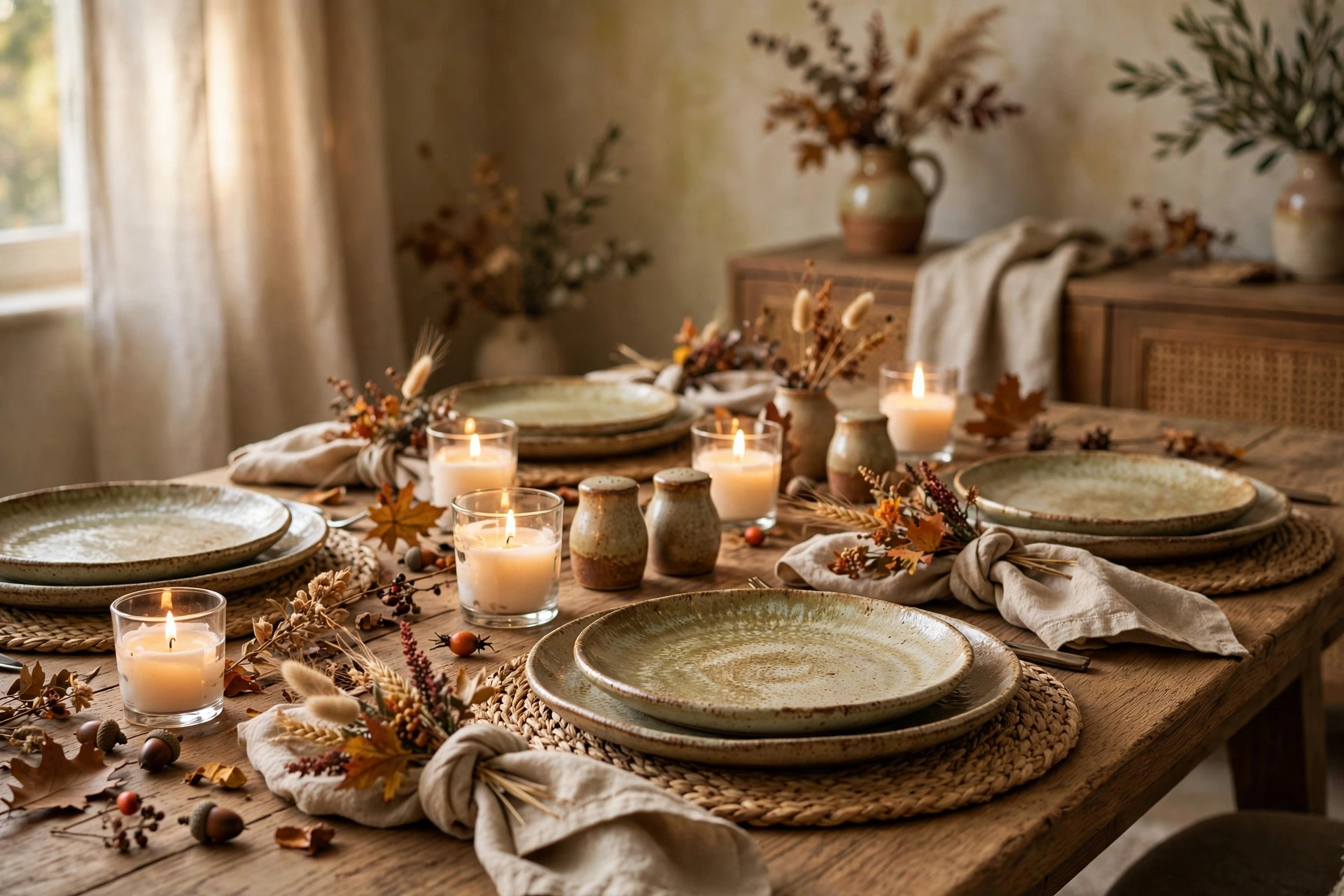 Handcrafted stoneware dinner plates on woven seagrass placemats for a refined rustic fall table
