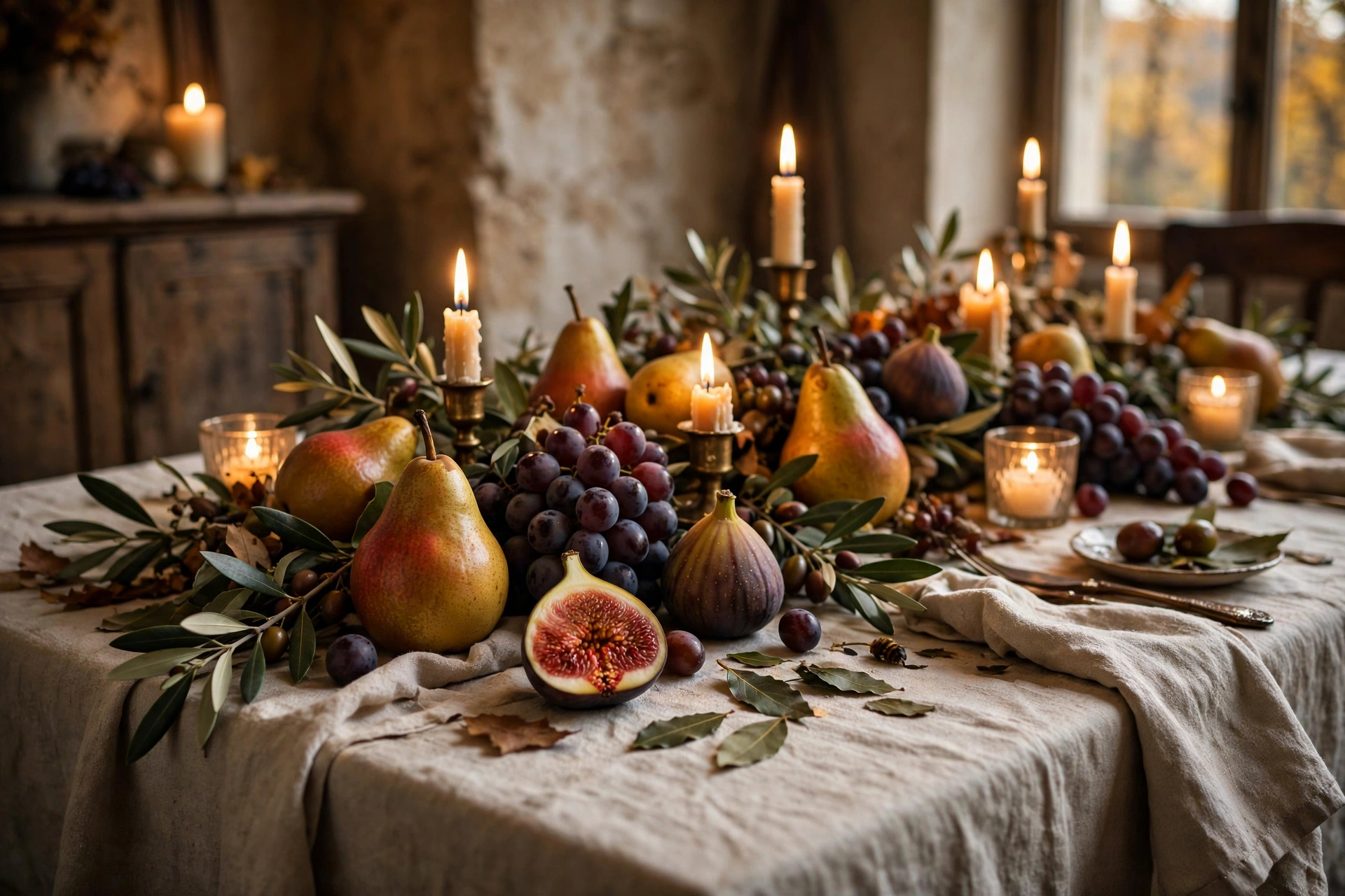Pears, figs and dark grapes scattered among olive branches down the center of a fall table