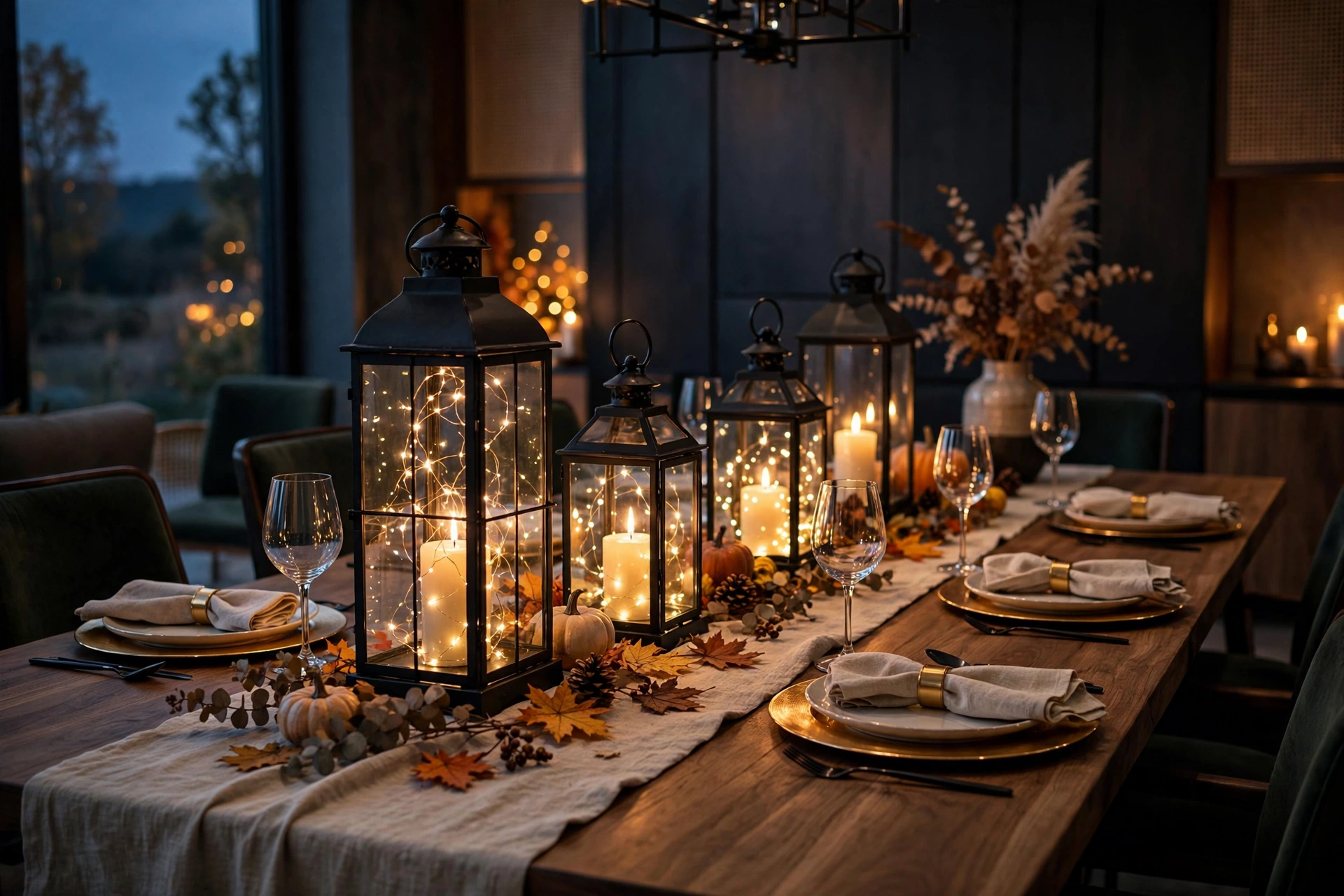 Glass and iron lanterns of different sizes glowing with warm fairy lights on a fall table