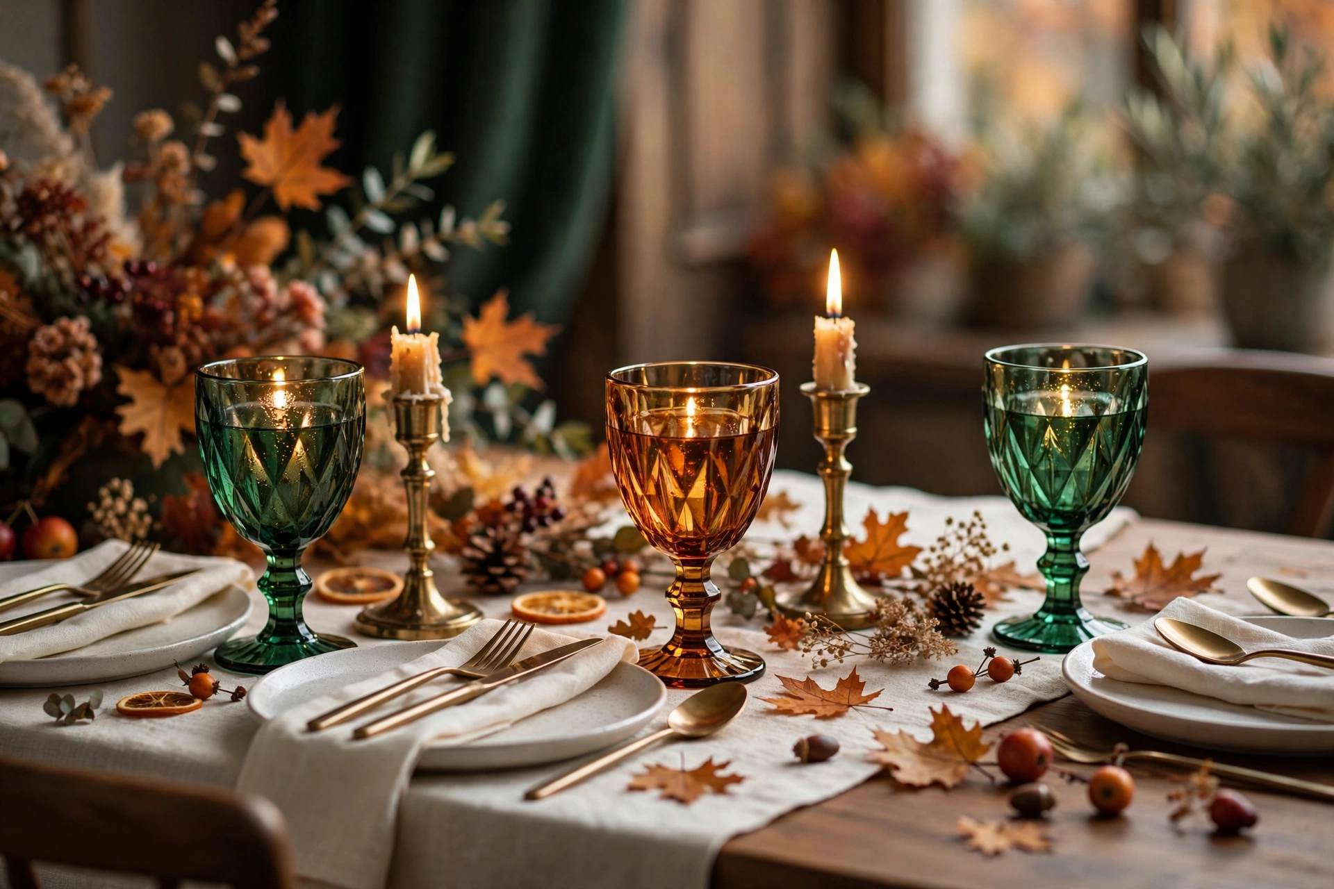 Emerald green and amber jewel-tone water goblets at an elegant fall place setting