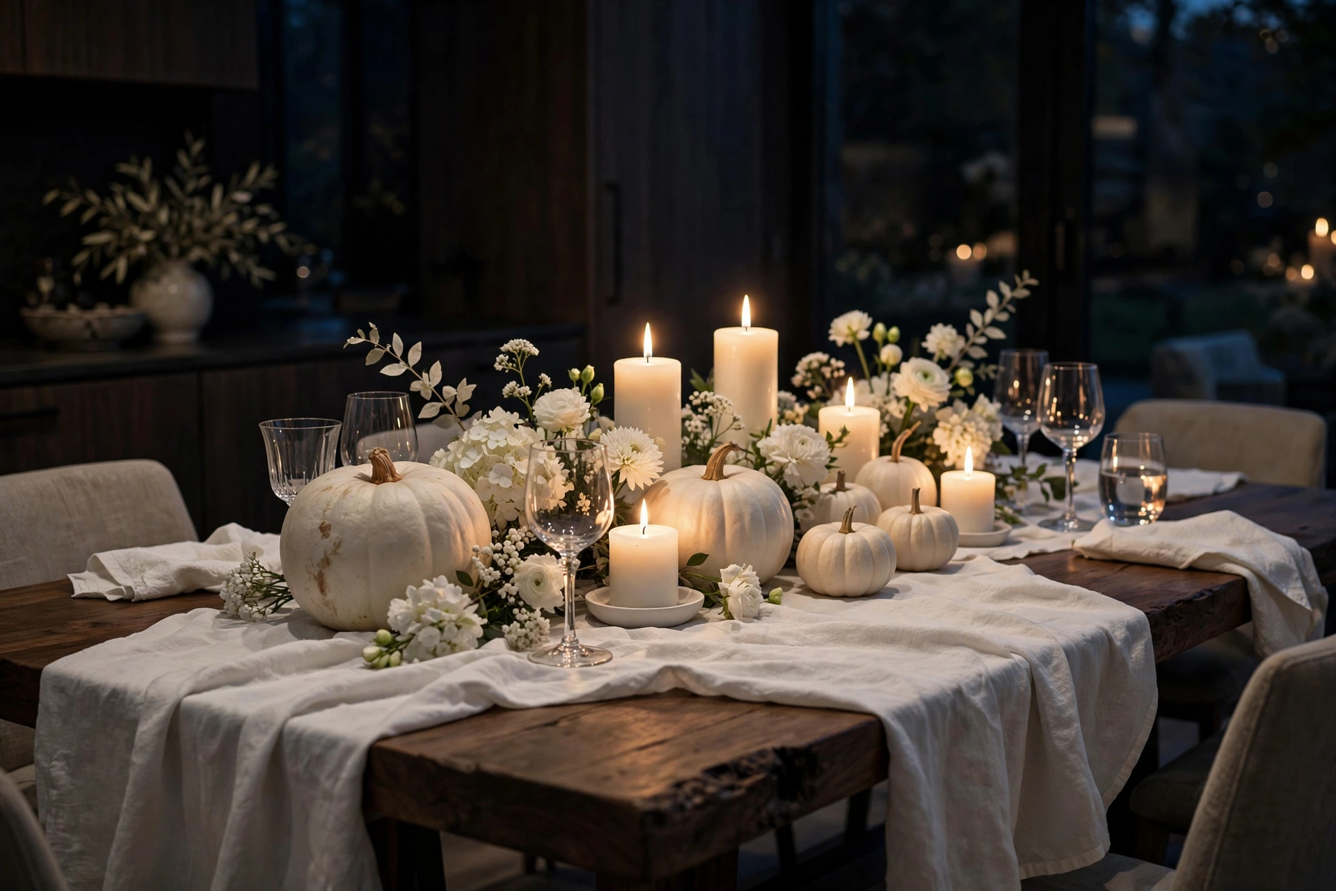 All-white fall table with white pumpkins, white candles and white florals glowing in candlelight